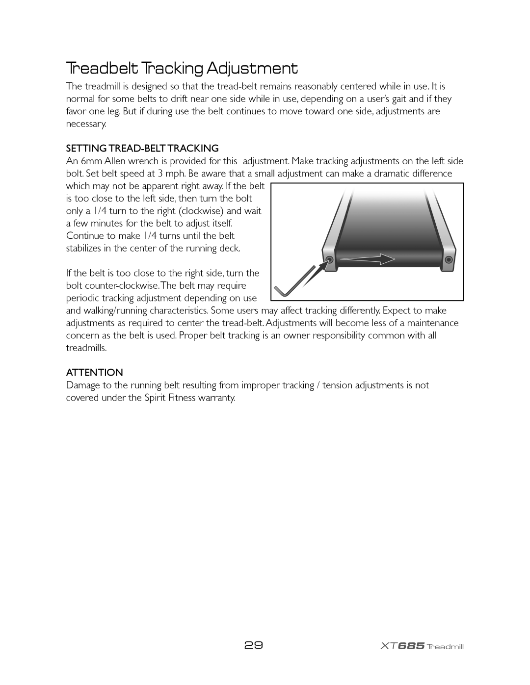 Spirit XT685 owner manual Treadbelt Tracking Adjustment, Setting TREAD-BELT Tracking 