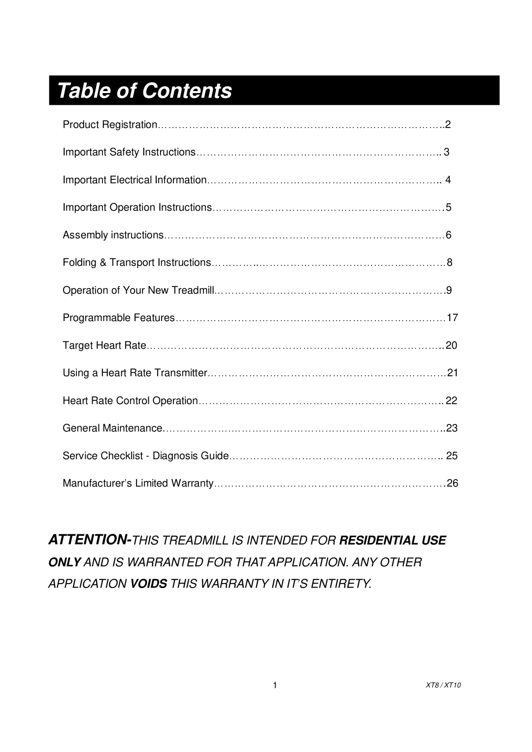 Spirit XT8, XT101 owner manual Table of Contents 