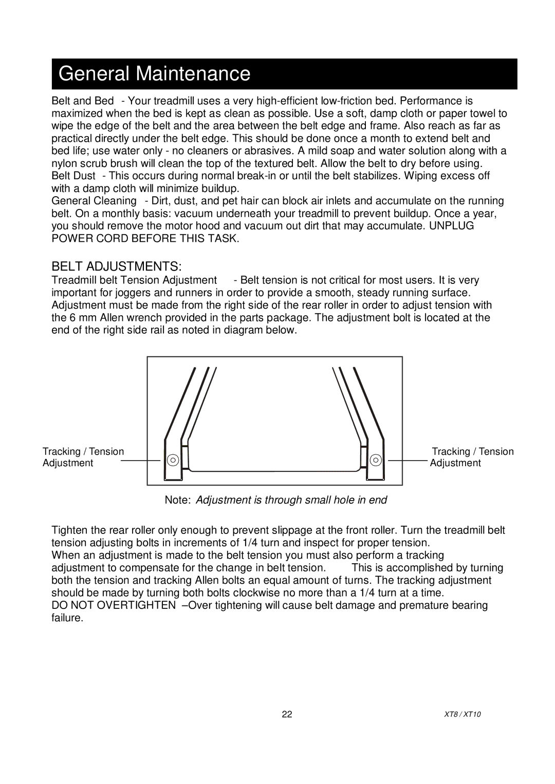 Spirit XT101, XT8 owner manual General Maintenance, Belt Adjustments 