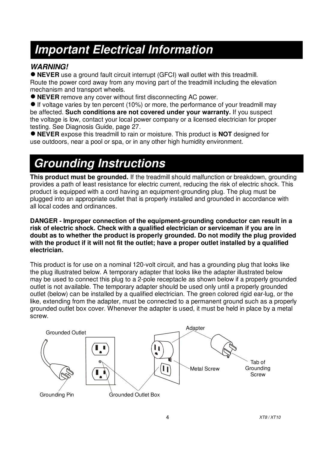 Spirit XT101, XT8 owner manual Important Electrical Information, Grounding Instructions 