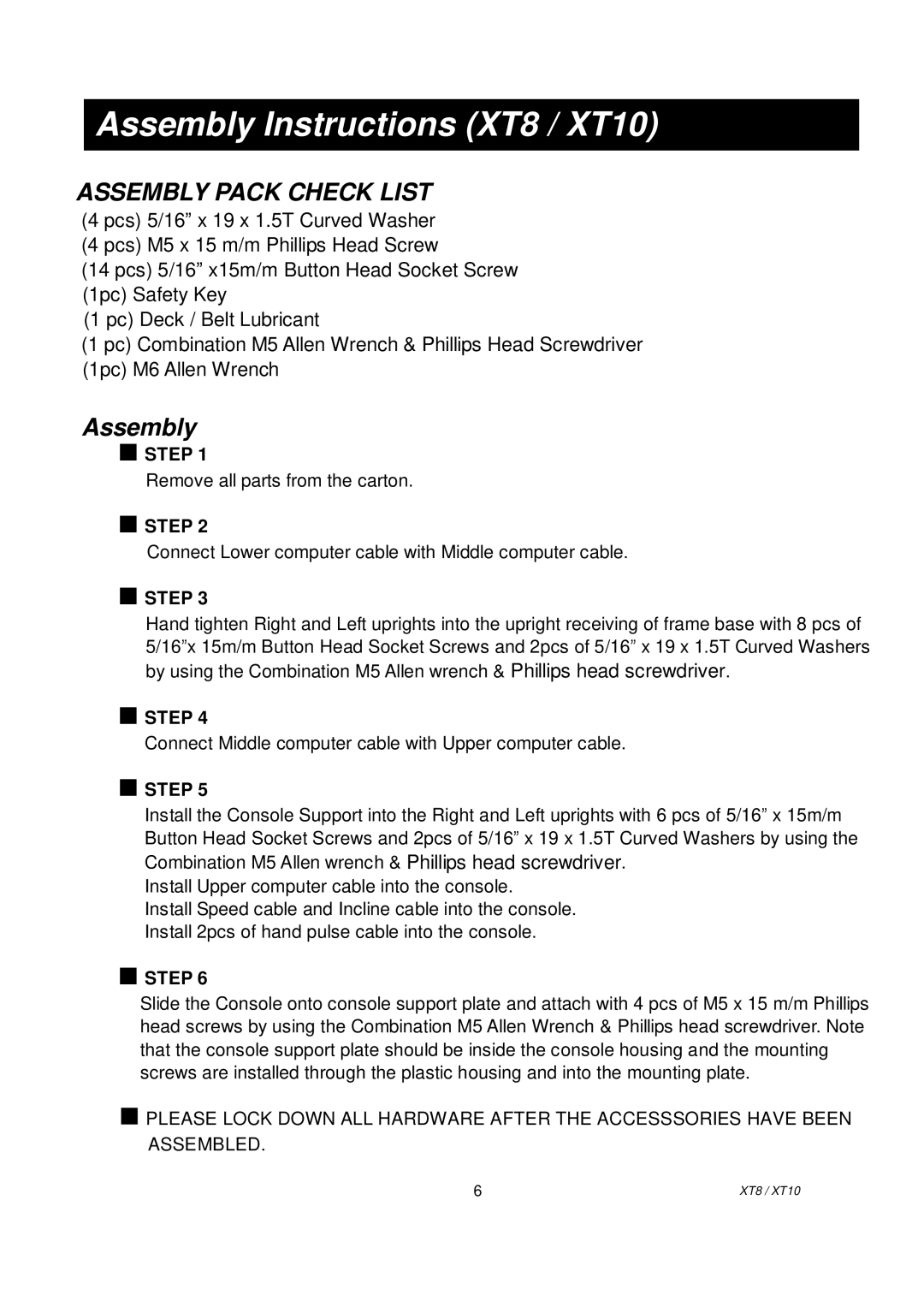 Spirit XT101 owner manual Assembly Instructions XT8 / XT10, Assembly Pack Check List 