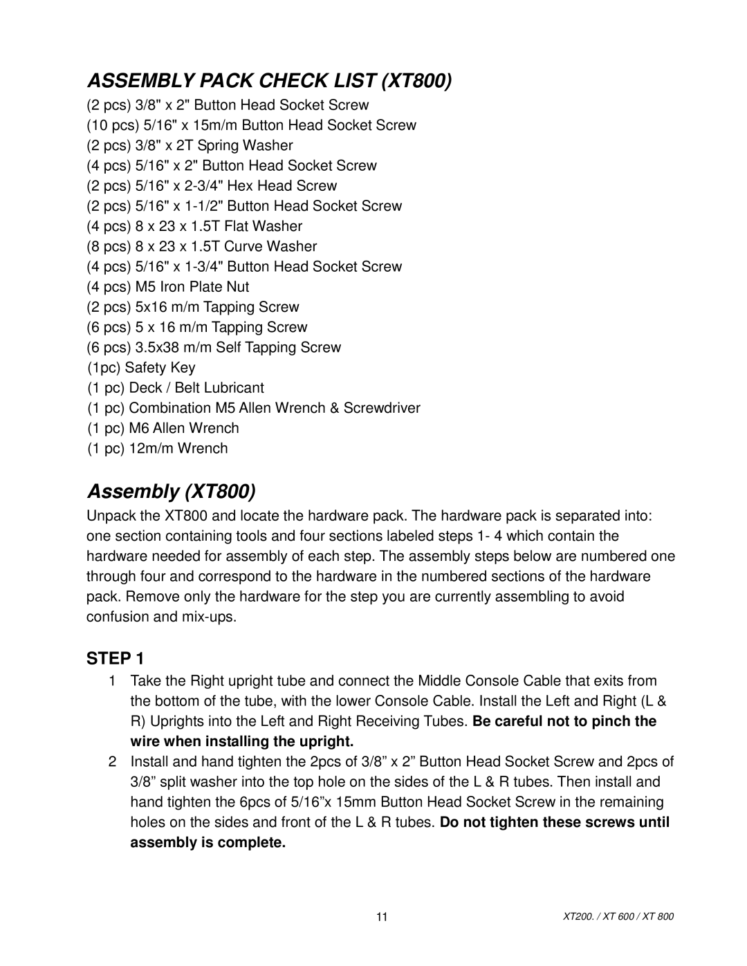 Spirit XT200/XT600, XT 800, XT 600 owner manual Assembly Pack Check List XT800 