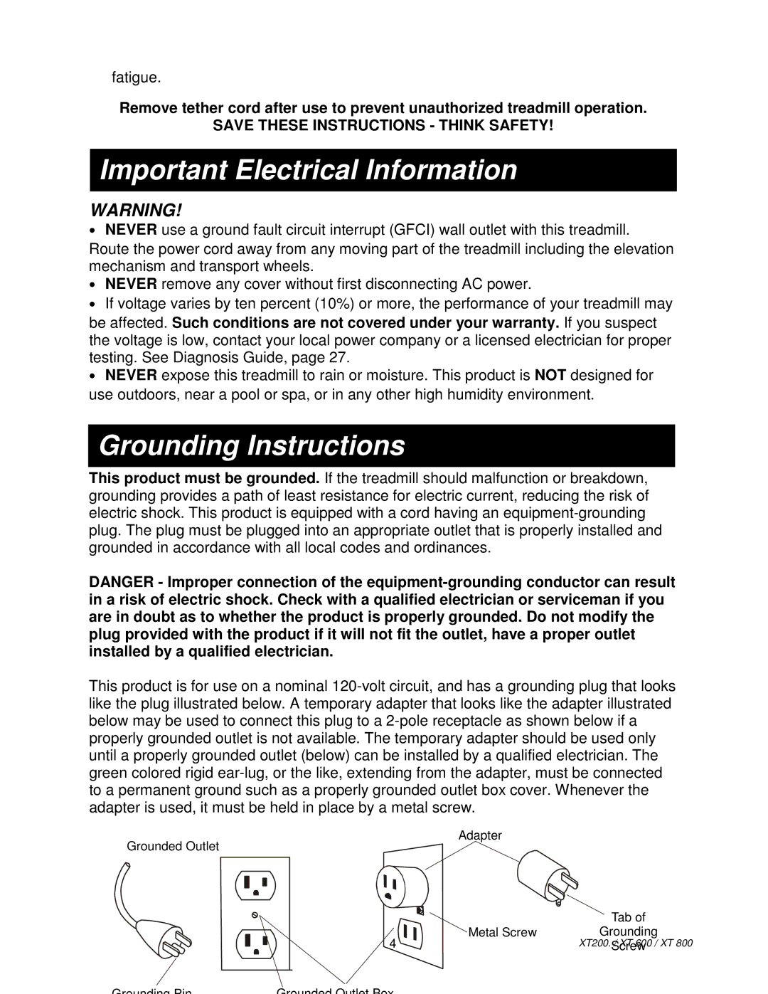 Spirit XT800, XT200/XT600 Important Electrical Information, Never remove any cover without first disconnecting AC power 