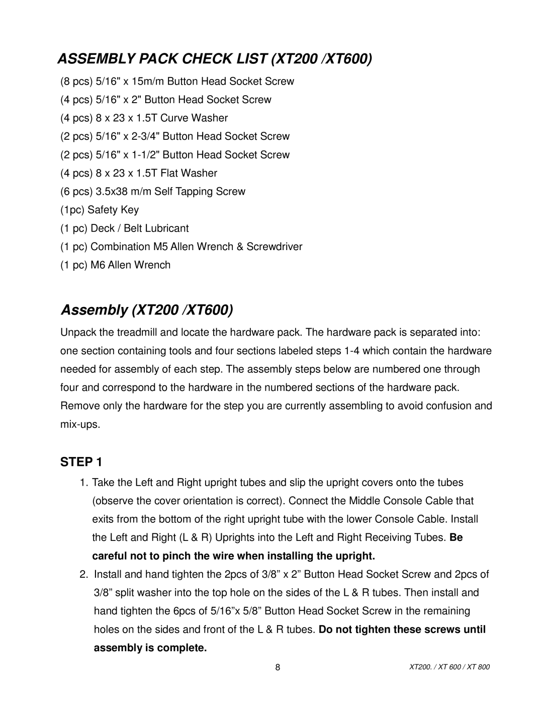 Spirit XT 600, XT800, XT200/XT600, XT 800 owner manual Assembly Pack Check List XT200 /XT600 