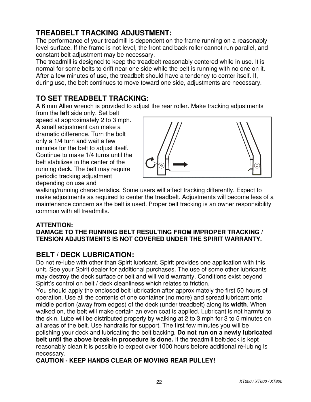 Spirit XT80013 manual Treadbelt Tracking Adjustment 