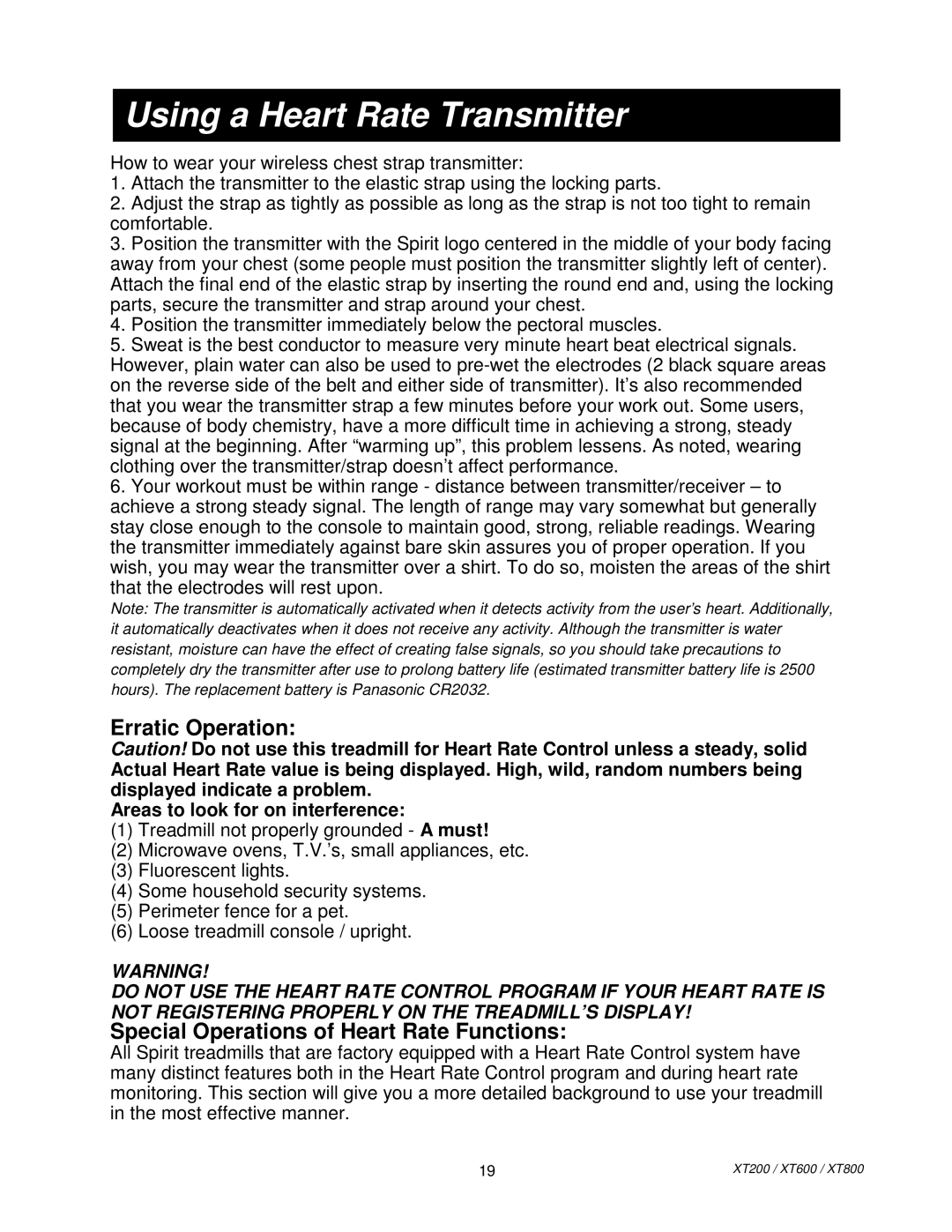 Spirit XT80013 manual Using a Heart Rate Transmitter, Erratic Operation, Special Operations of Heart Rate Functions 