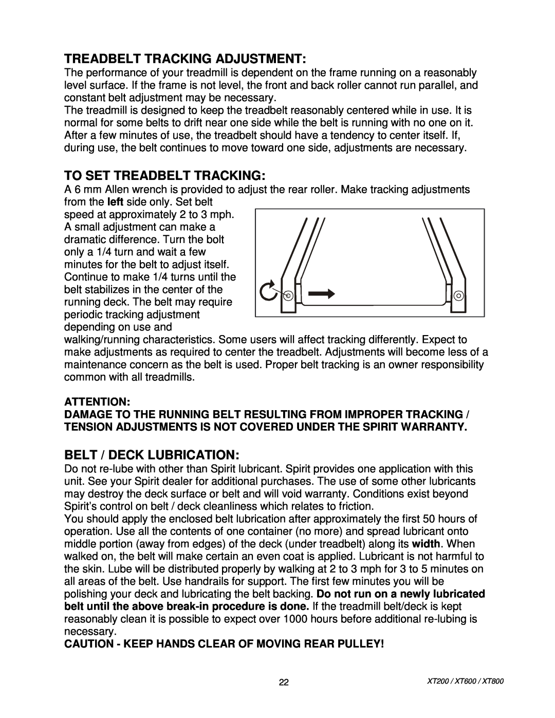 Spirit XT80013 manual Treadbelt Tracking Adjustment, To Set Treadbelt Tracking, Belt / Deck Lubrication 