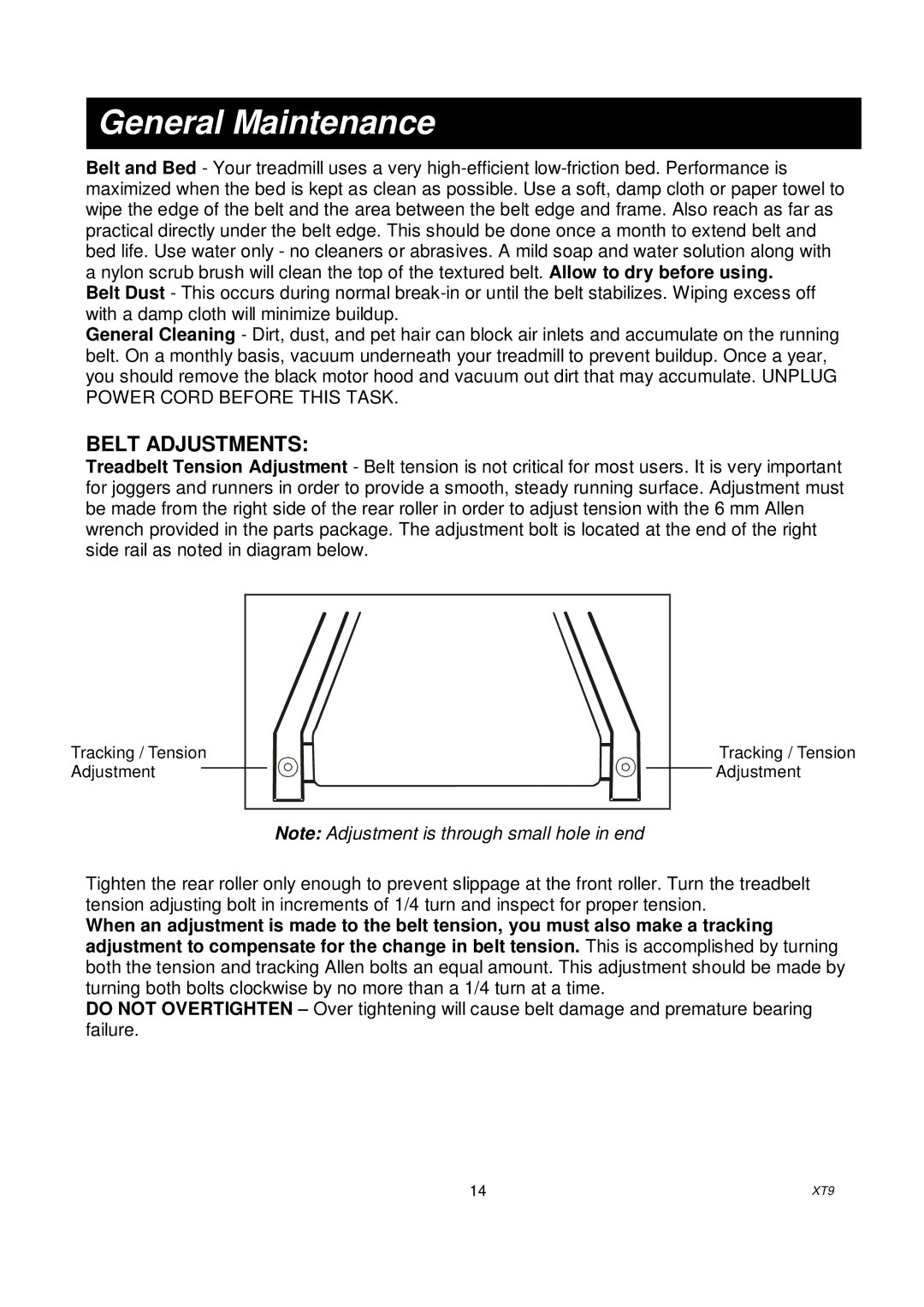 Spirit xt9 owner manual General Maintenance, Belt Adjustments 