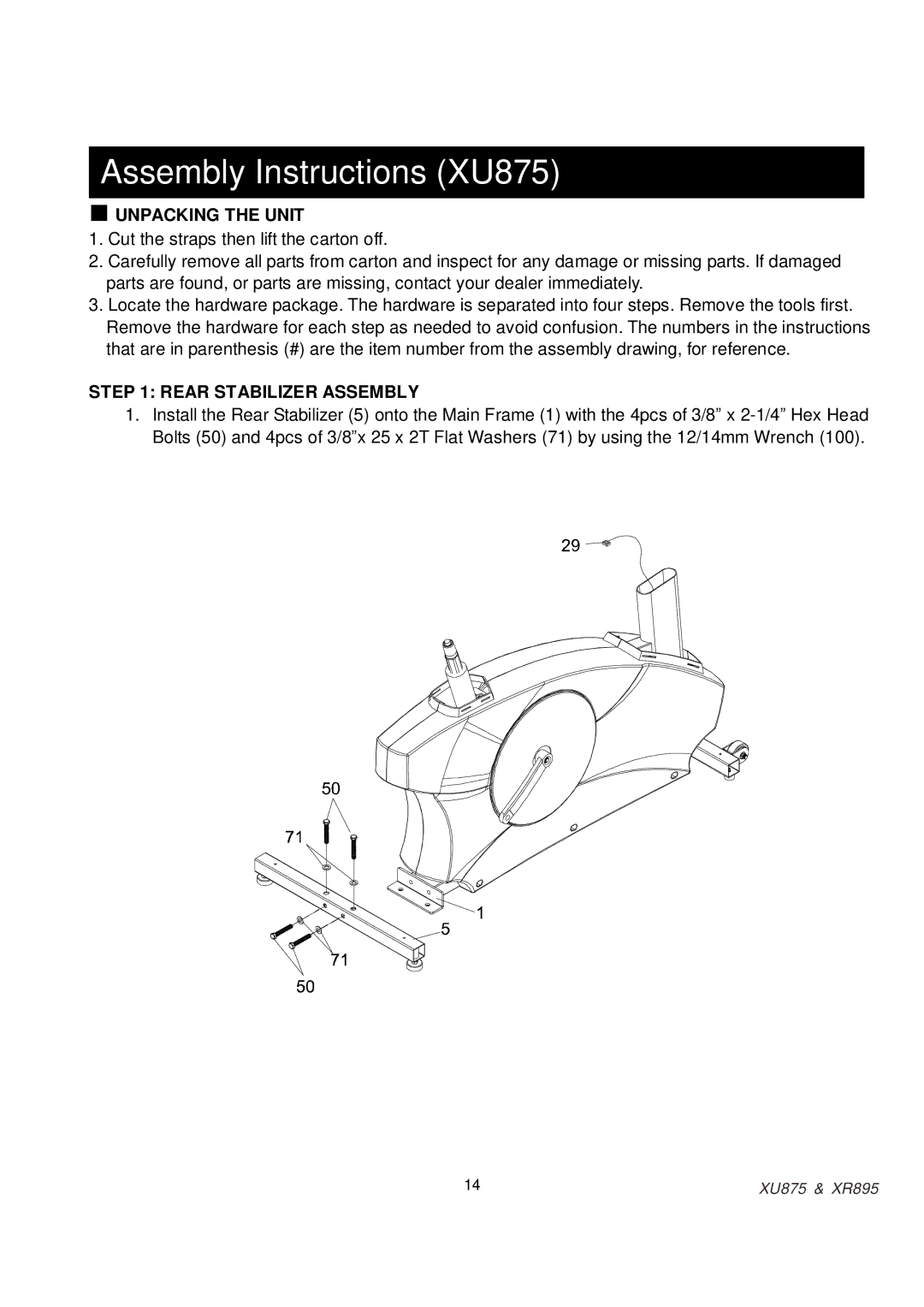 Spirit XR895 owner manual Assembly Instructions XU875, Rear Stabilizer Assembly 