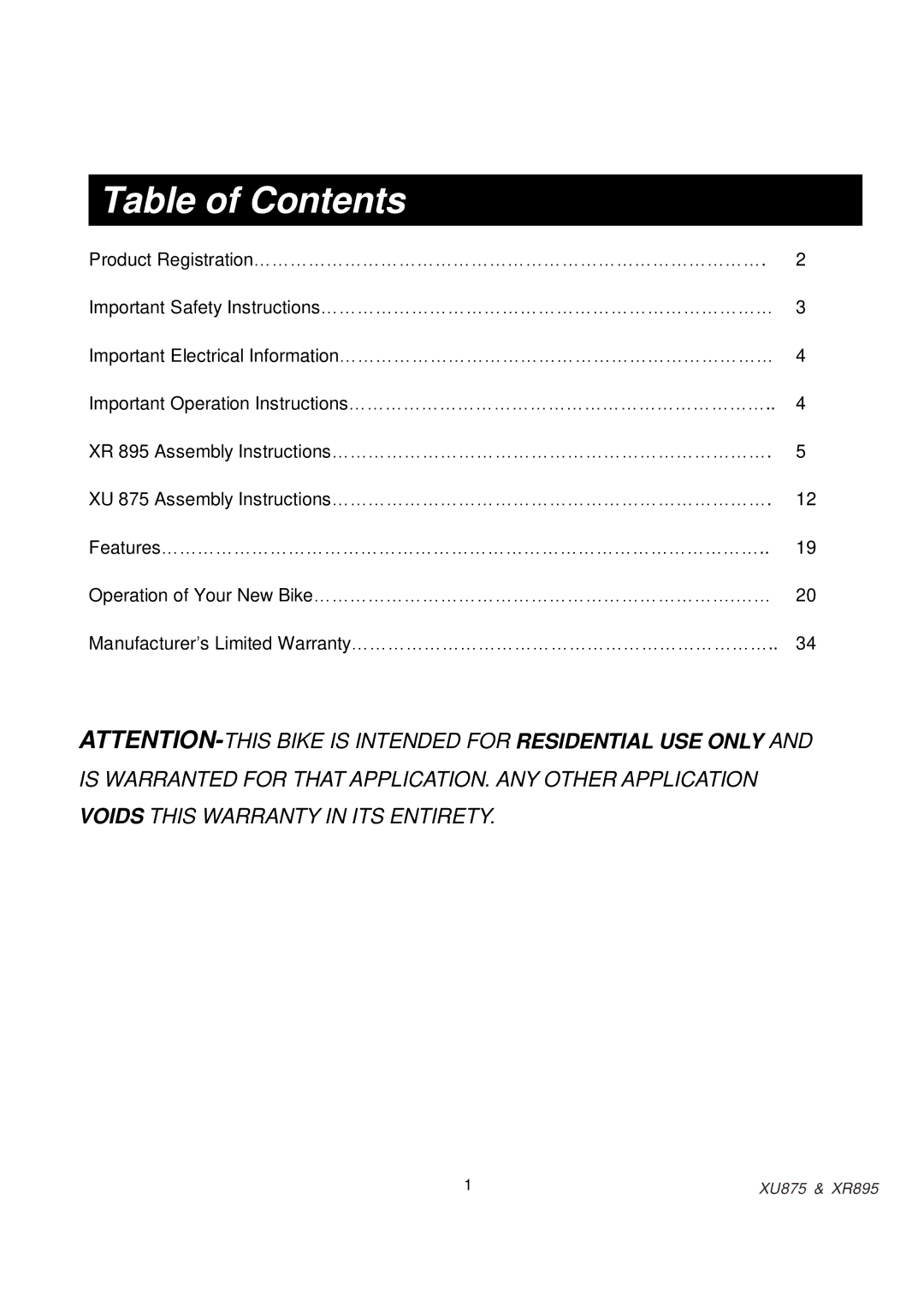 Spirit XU875, XR895 owner manual Table of Contents 