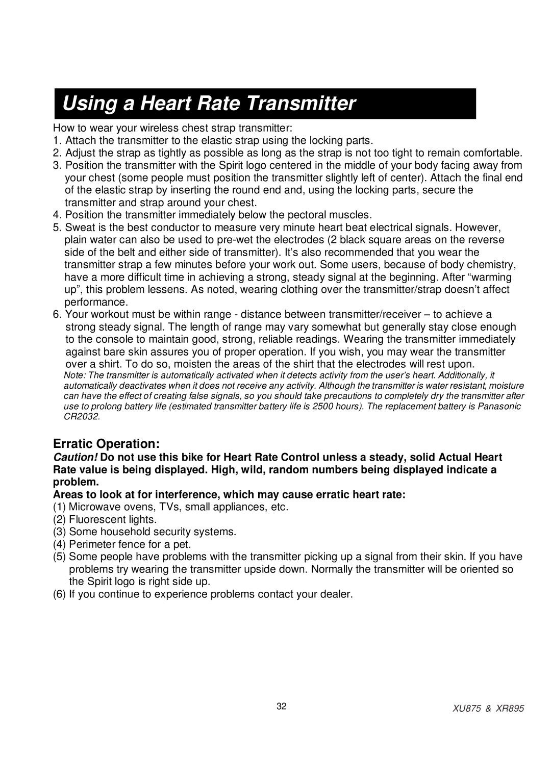 Spirit XR895, XU875 owner manual Using a Heart Rate Transmitter, Erratic Operation 