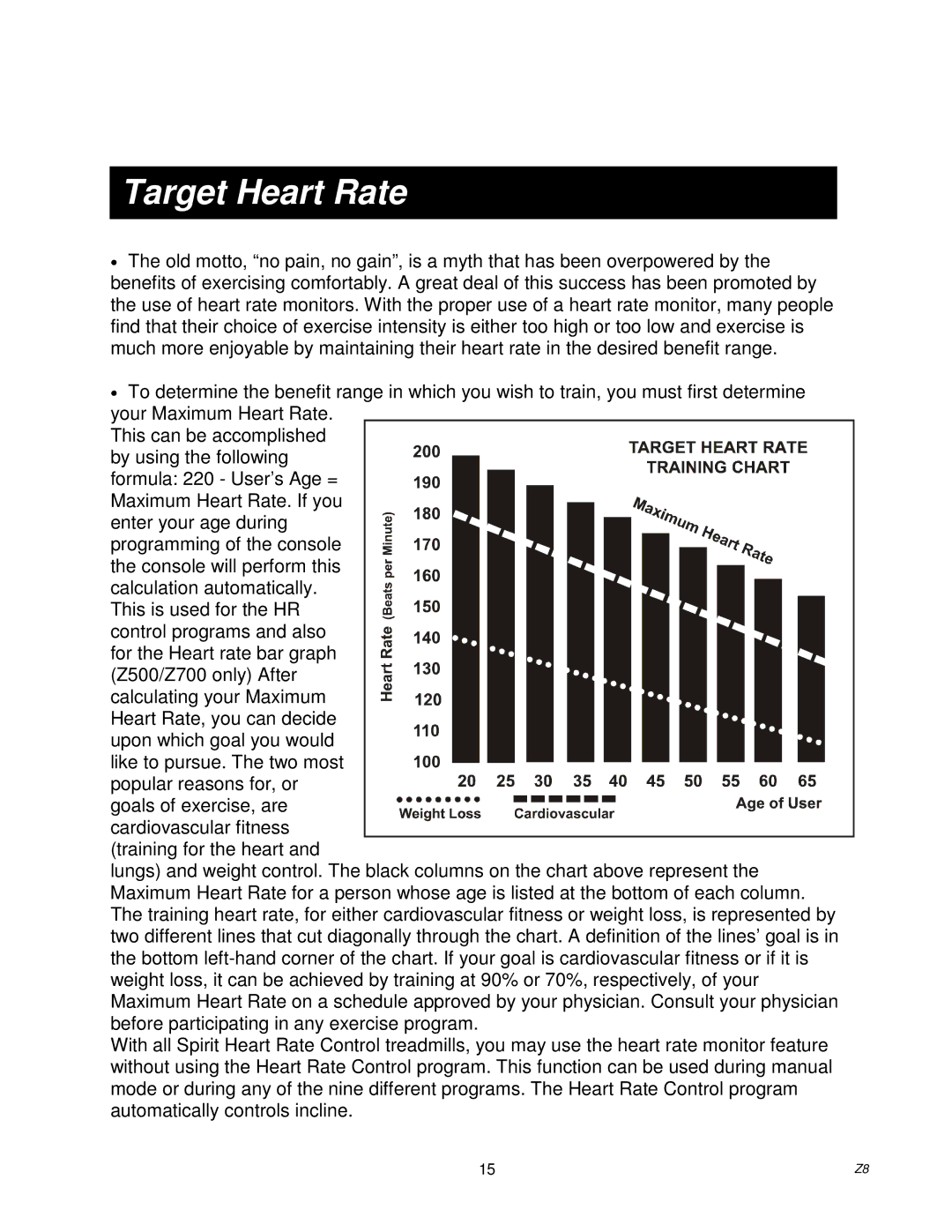 Spirit Z700, Z500, Z100, Z300 owner manual Target Heart Rate 