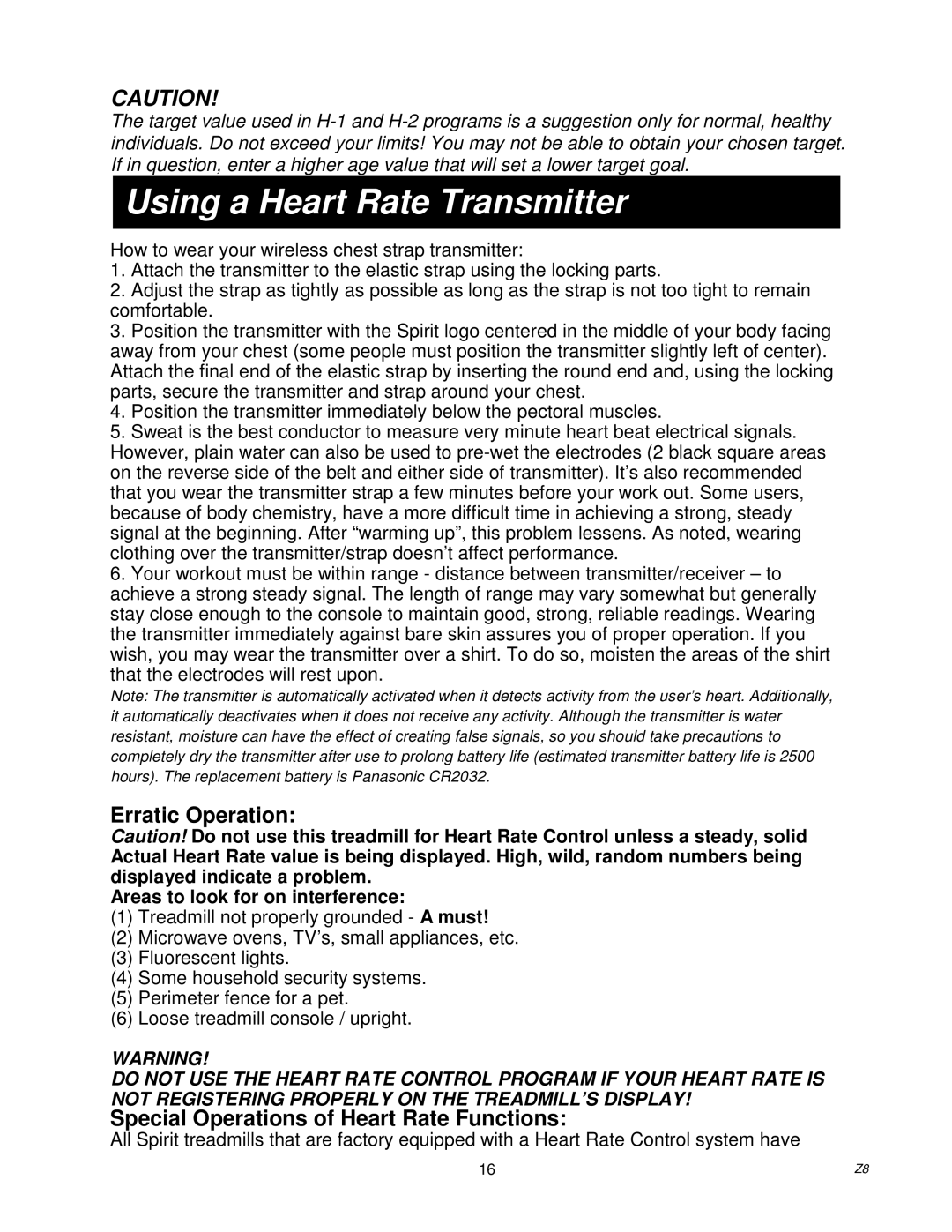 Spirit Z500, Z700, Z100, Z300 owner manual Using a Heart Rate Transmitter, Areas to look for on interference 