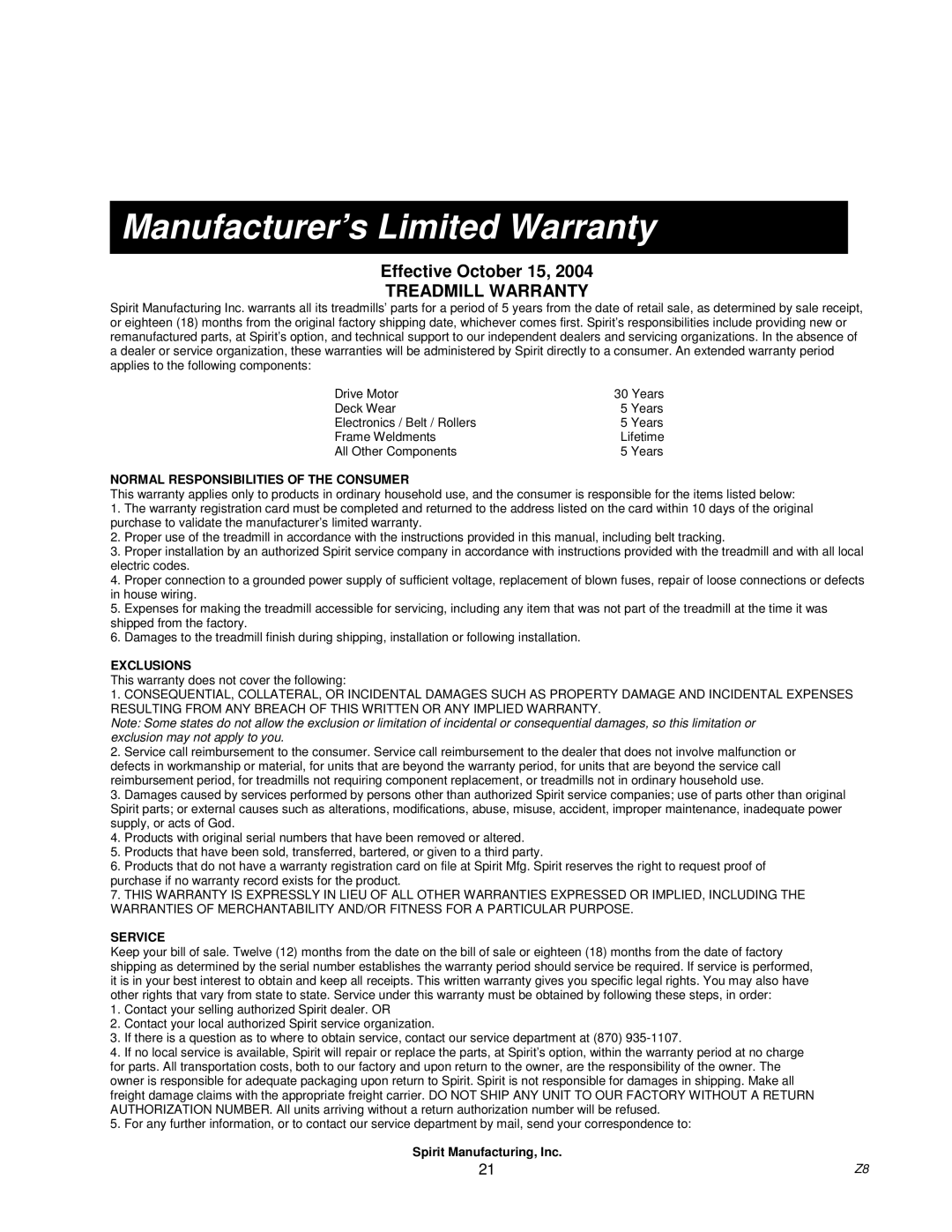 Spirit Z100, Z700, Z500, Z300 owner manual Manufacturer’s Limited Warranty, Treadmill Warranty 