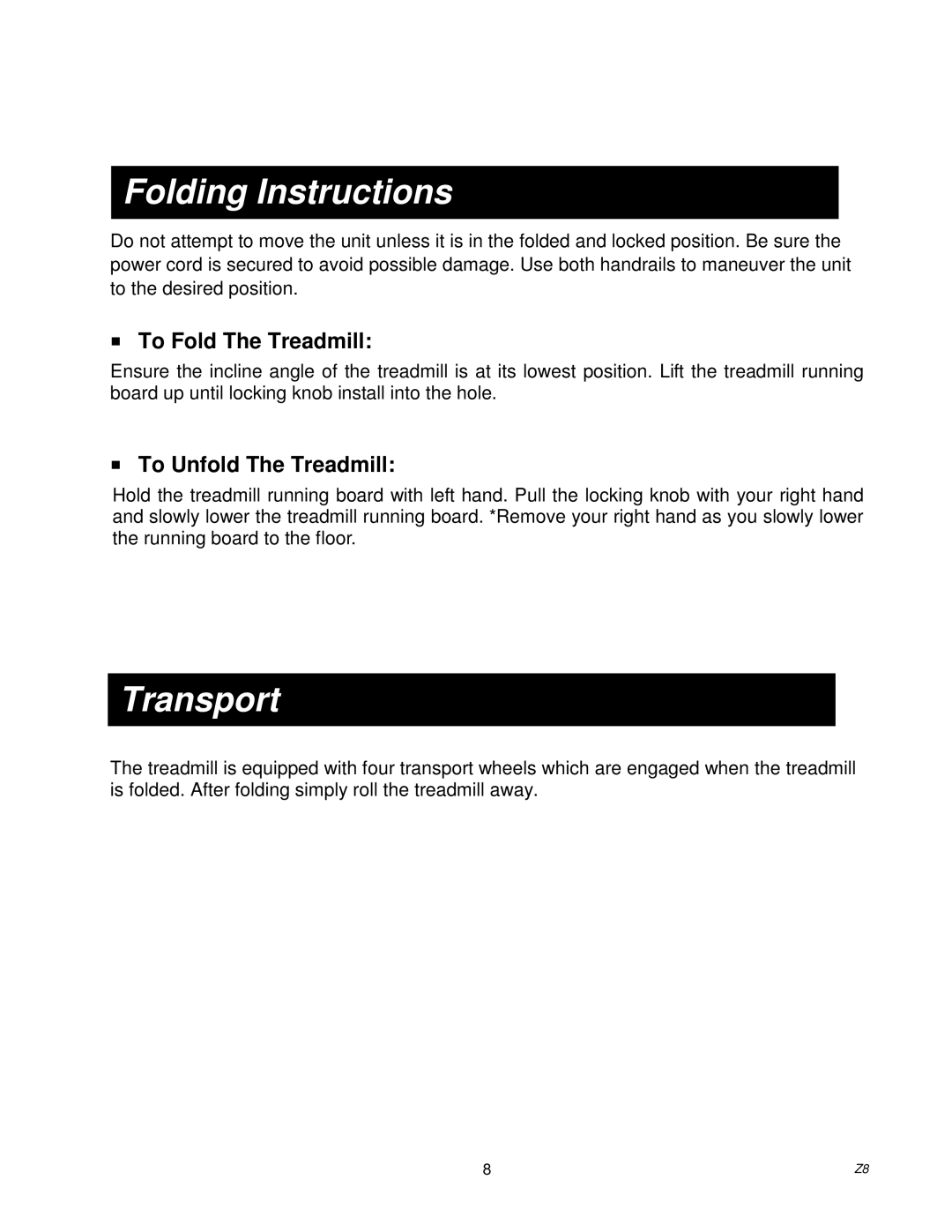 Spirit Z500, Z700, Z100, Z300 owner manual Folding Instructions, Transport 