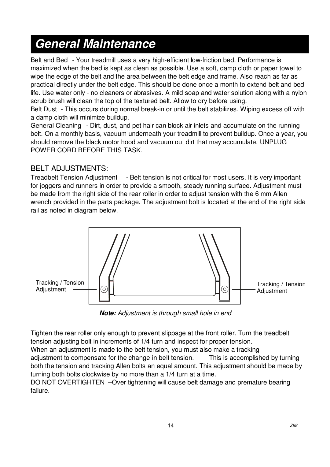 Spirit Z88 owner manual General Maintenance, Belt Adjustments 