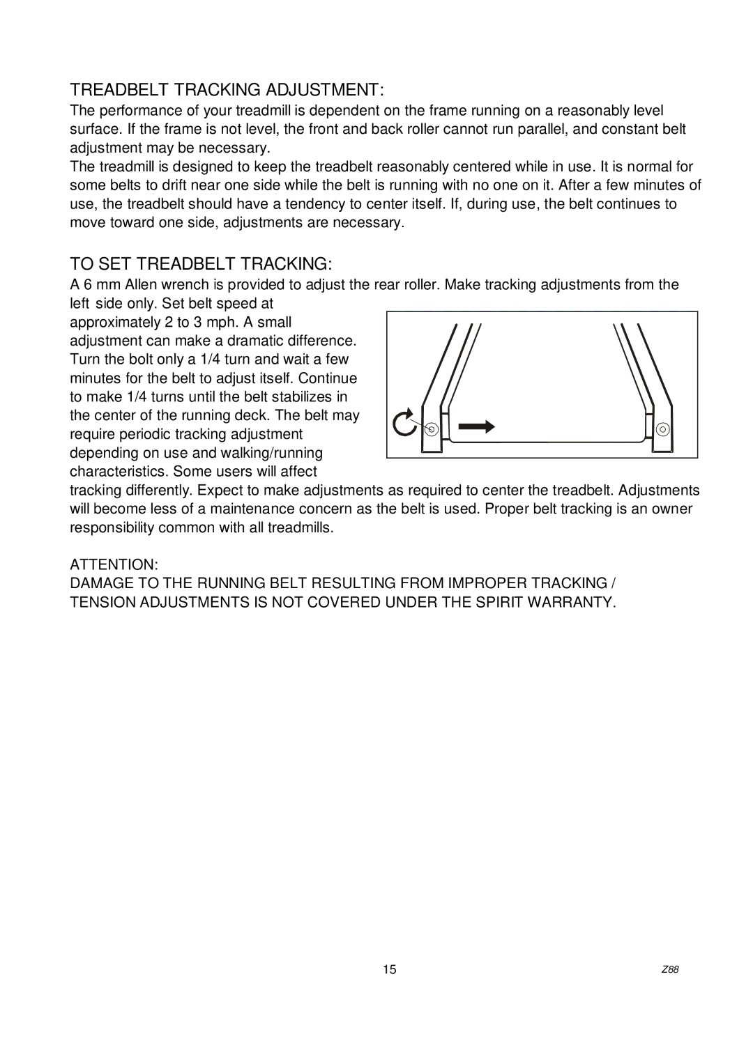 Spirit Z88 owner manual Treadbelt Tracking Adjustment 