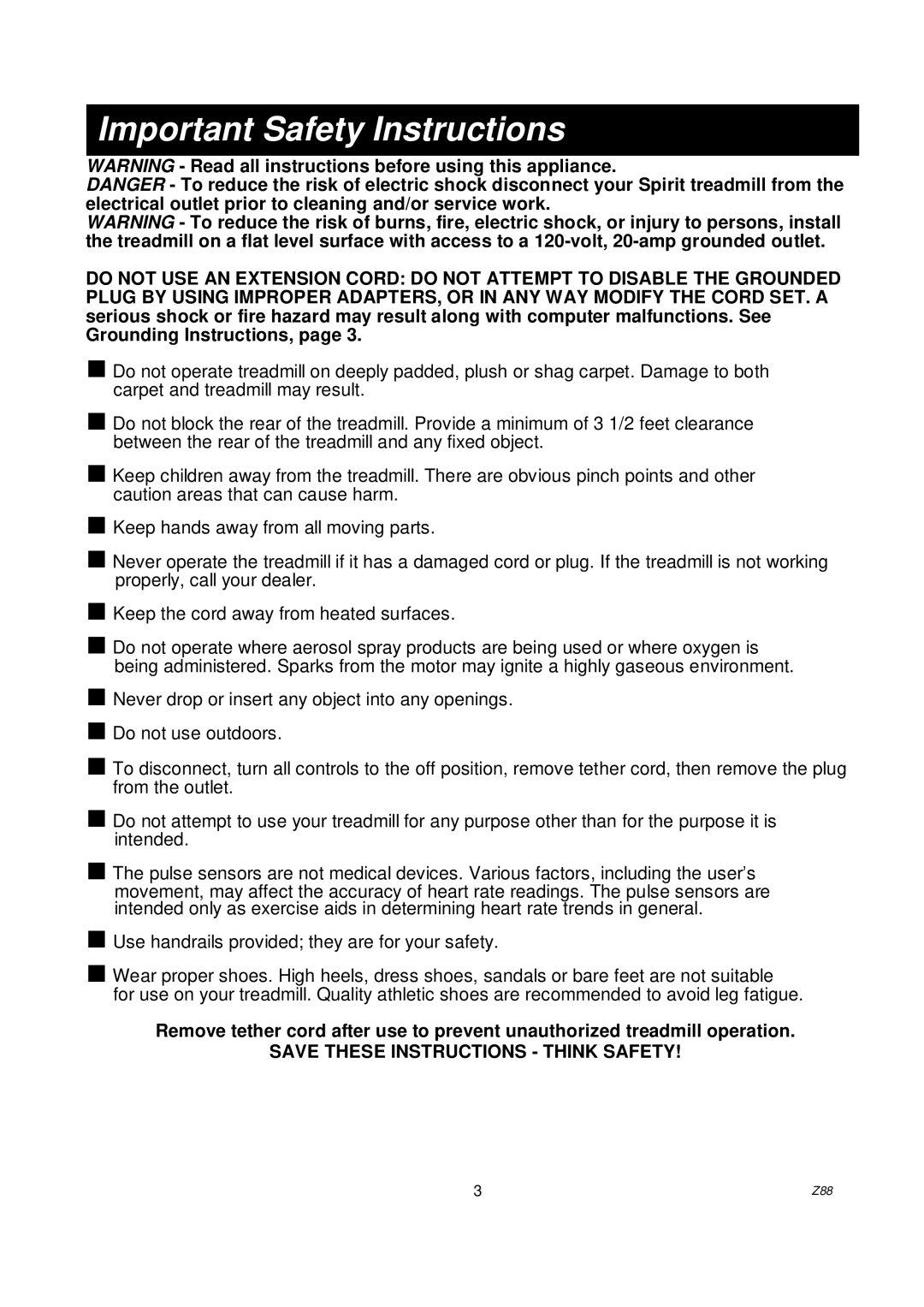 Spirit Z88 owner manual Important Safety Instructions 