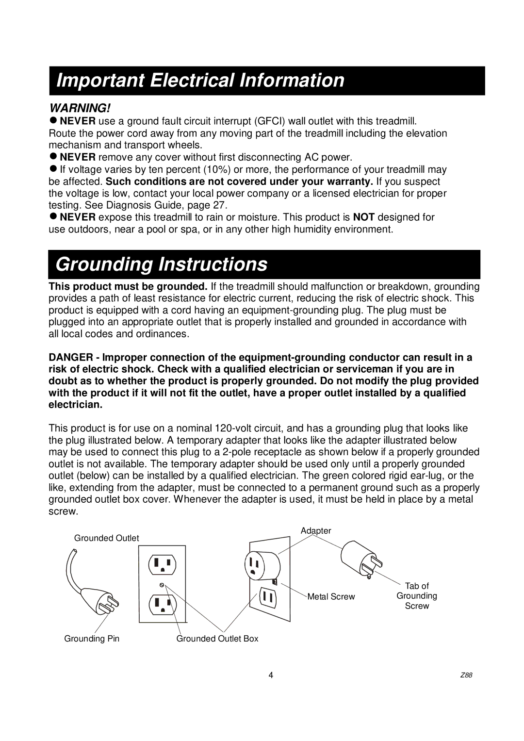 Spirit Z88 owner manual Important Electrical Information, Grounding Instructions 