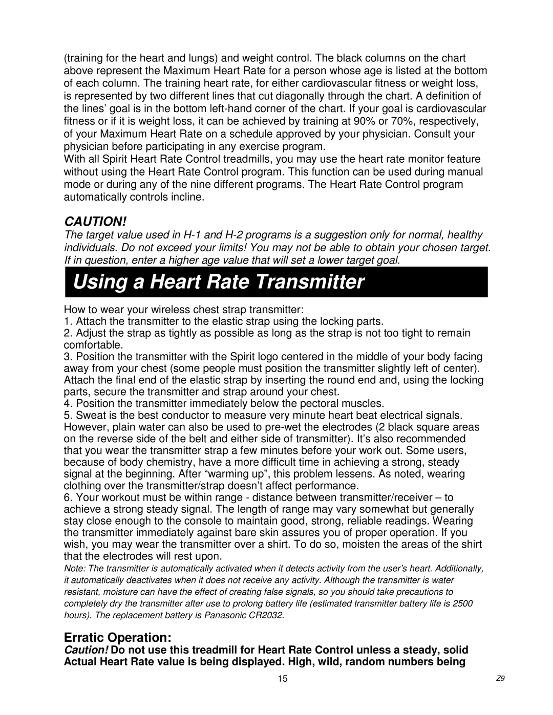 Spirit Z9 owner manual Using a Heart Rate Transmitter, Erratic Operation 