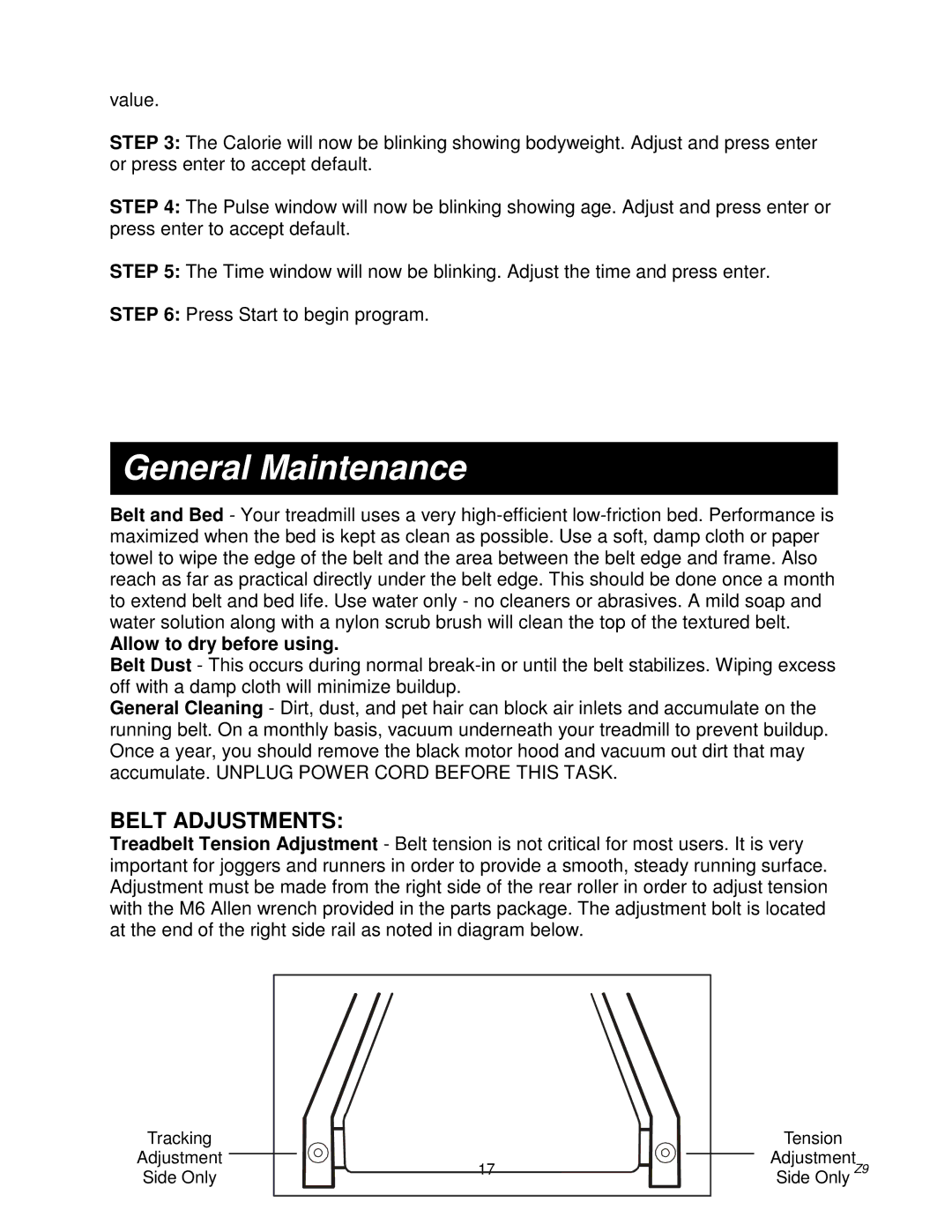 Spirit Z9 owner manual General Maintenance, Belt Adjustments 