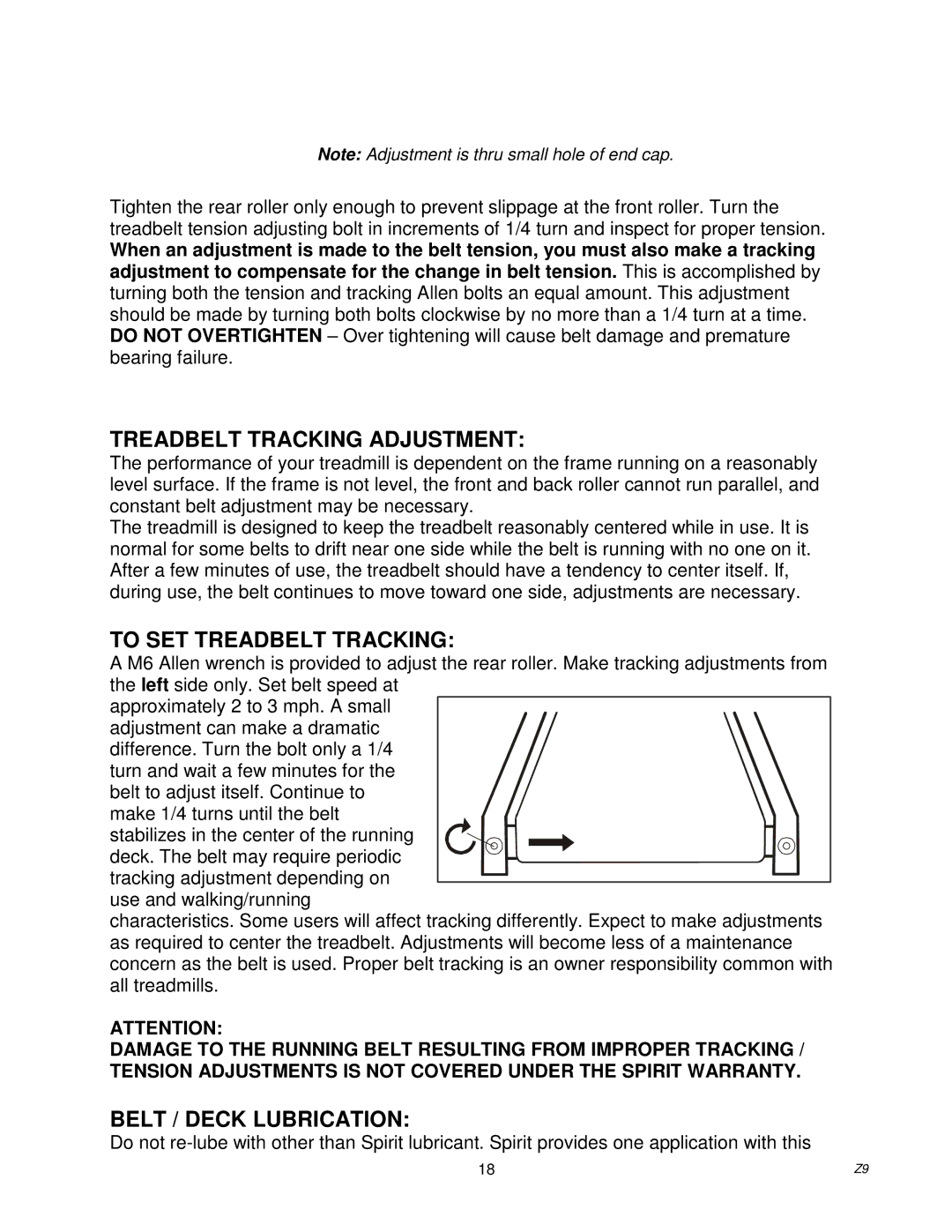 Spirit Z9 owner manual Treadbelt Tracking Adjustment, To SET Treadbelt Tracking, Belt / Deck Lubrication 