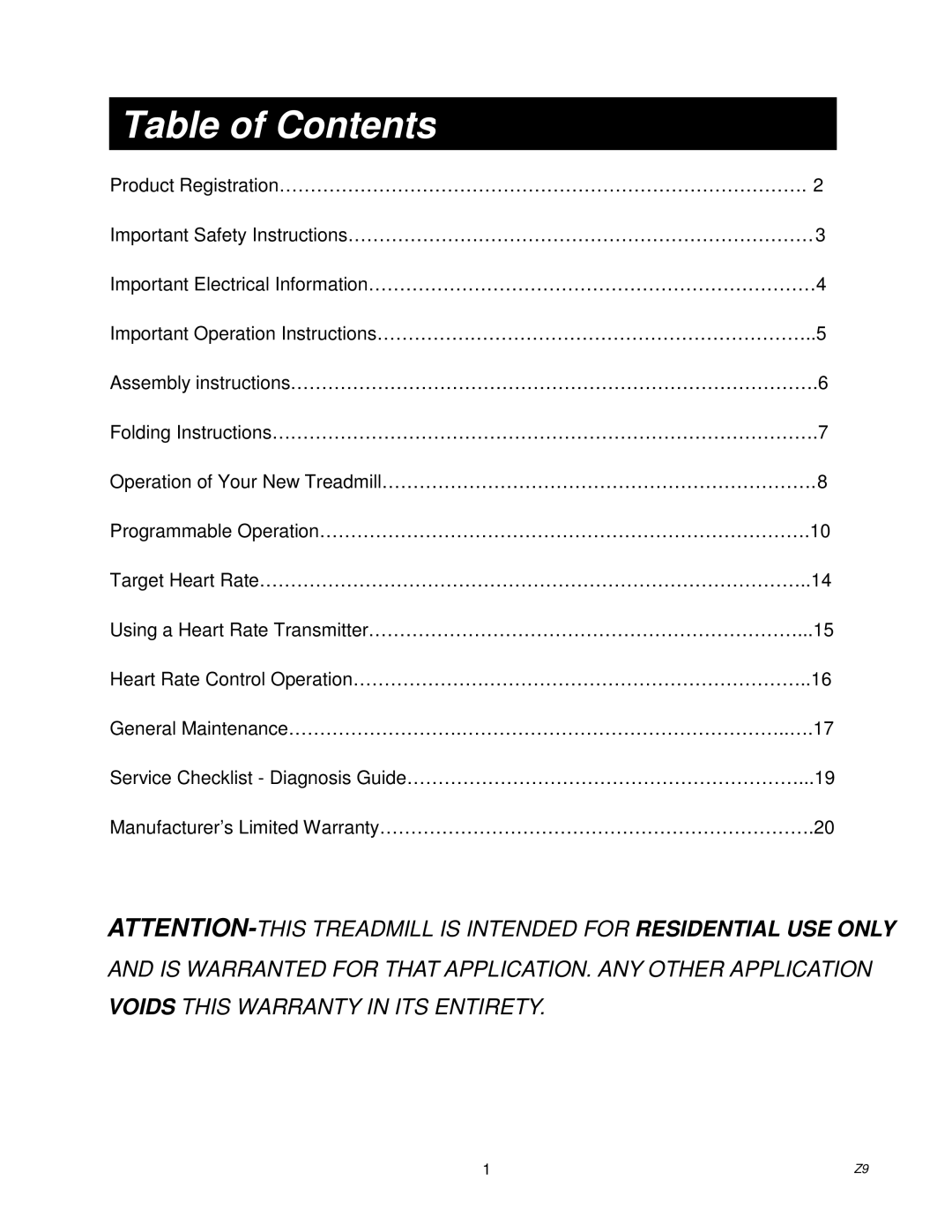 Spirit Z9 owner manual Table of Contents 