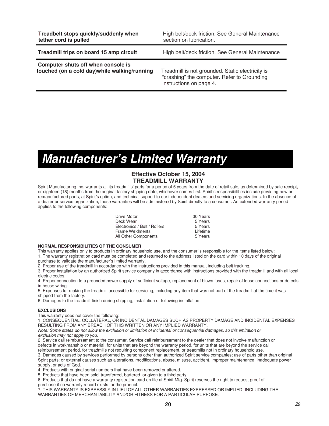 Spirit Z9 owner manual Manufacturer’s Limited Warranty, Treadmill Warranty 