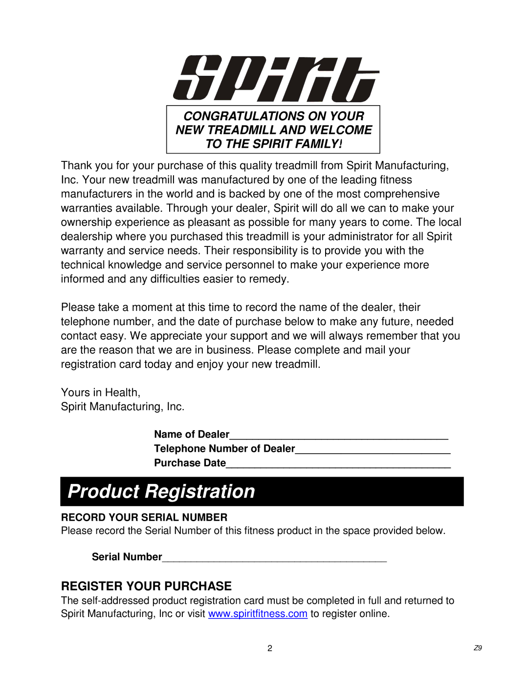 Spirit Z9 owner manual Product Registration, Register Your Purchase 