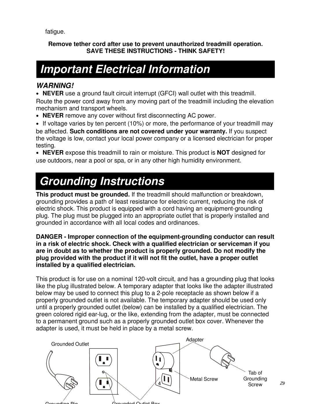 Spirit Z9 owner manual Important Electrical Information 