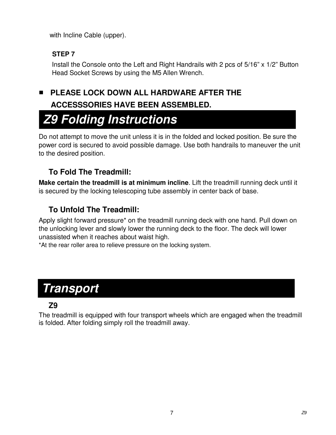 Spirit owner manual Z9 Folding Instructions, Transport 