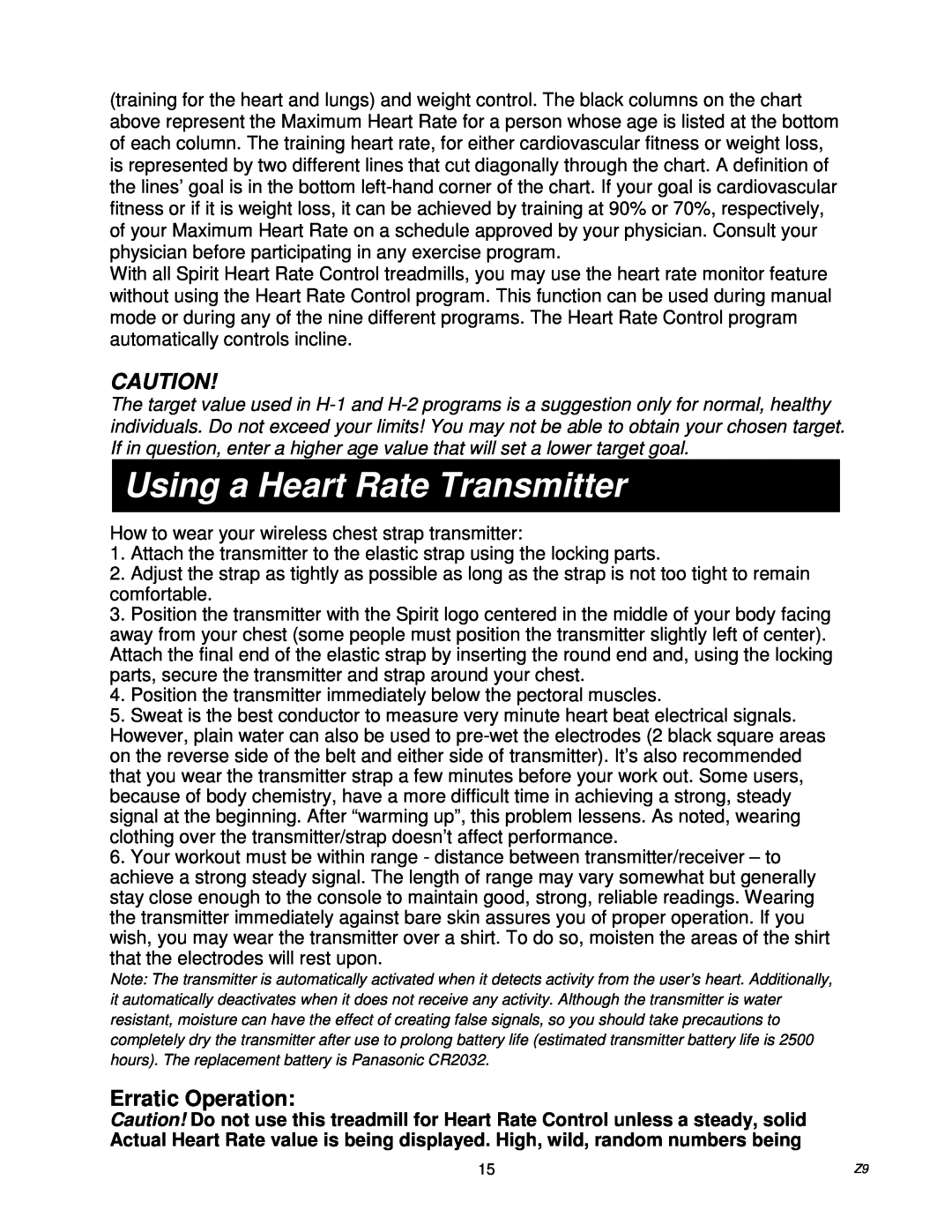 Spirit Z9 owner manual Using a Heart Rate Transmitter, Erratic Operation 
