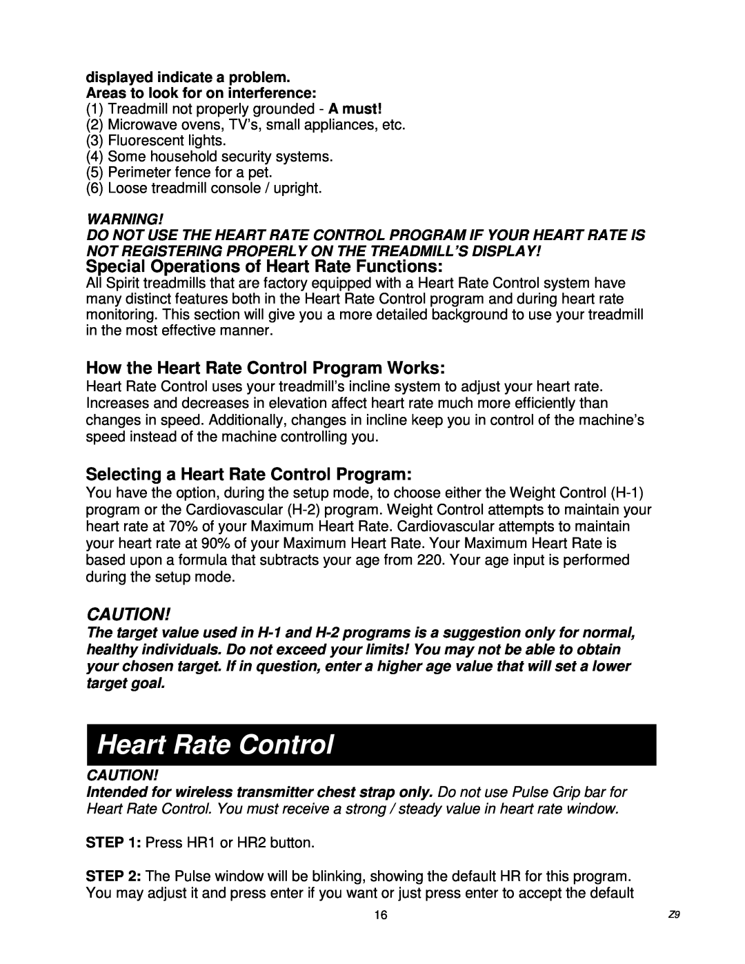 Spirit Z9 owner manual Special Operations of Heart Rate Functions, How the Heart Rate Control Program Works 