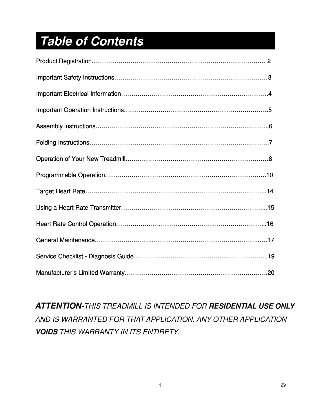 Spirit Z9 owner manual Table of Contents, Attention-This Treadmill Is Intended For Residential Use Only 