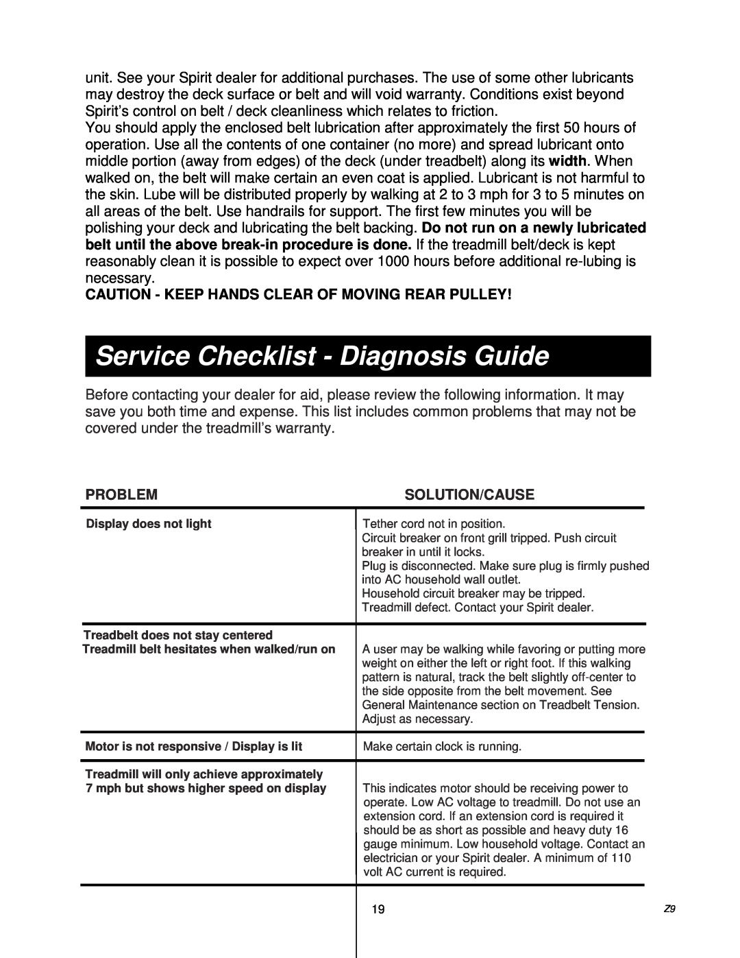 Spirit Z9 Service Checklist - Diagnosis Guide, Caution - Keep Hands Clear Of Moving Rear Pulley, Problem, Solution/Cause 
