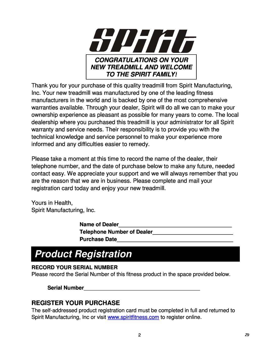 Spirit Z9 owner manual Product Registration, Register Your Purchase, Congratulations On Your New Treadmill And Welcome 