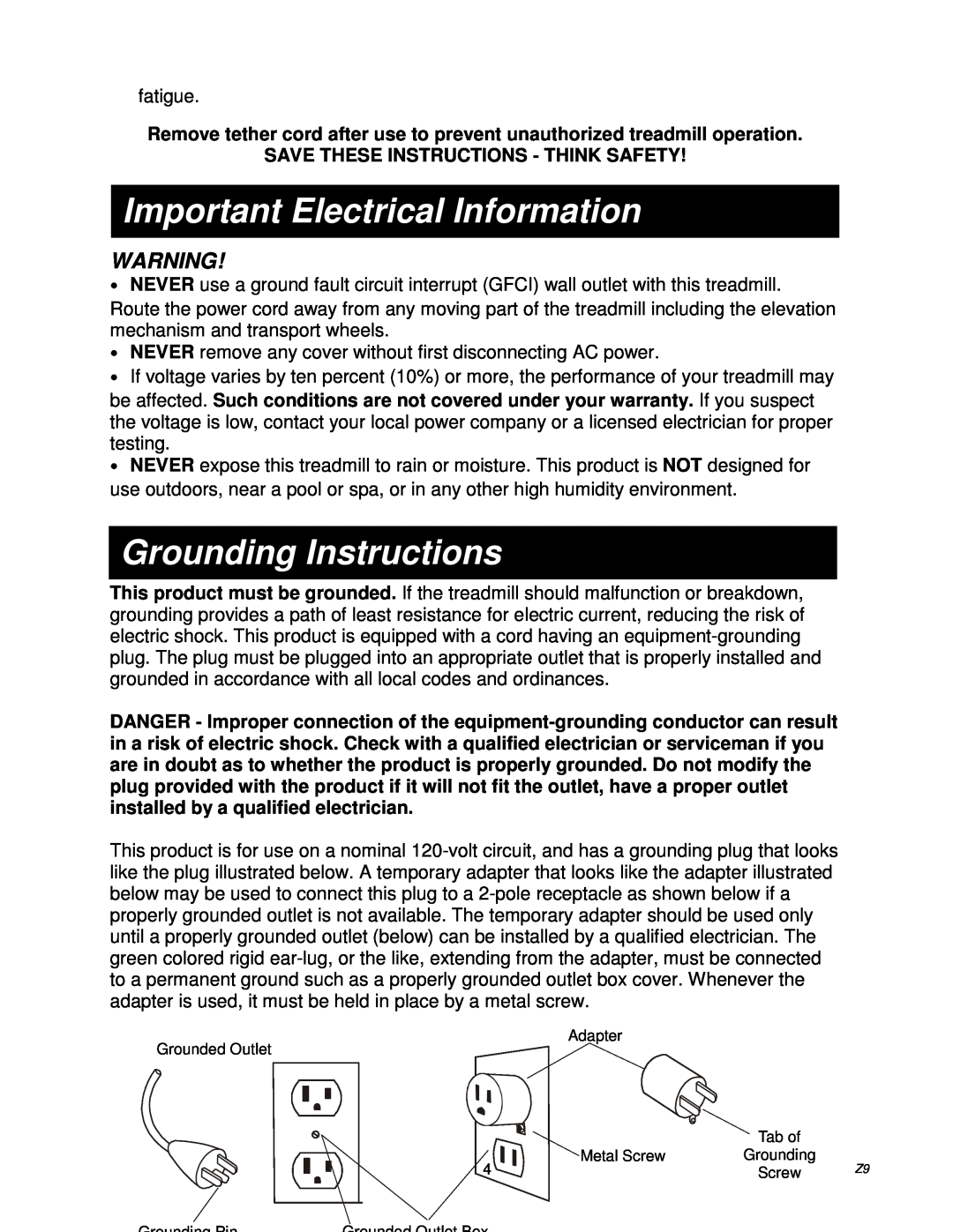 Spirit Z9 owner manual Important Electrical Information 