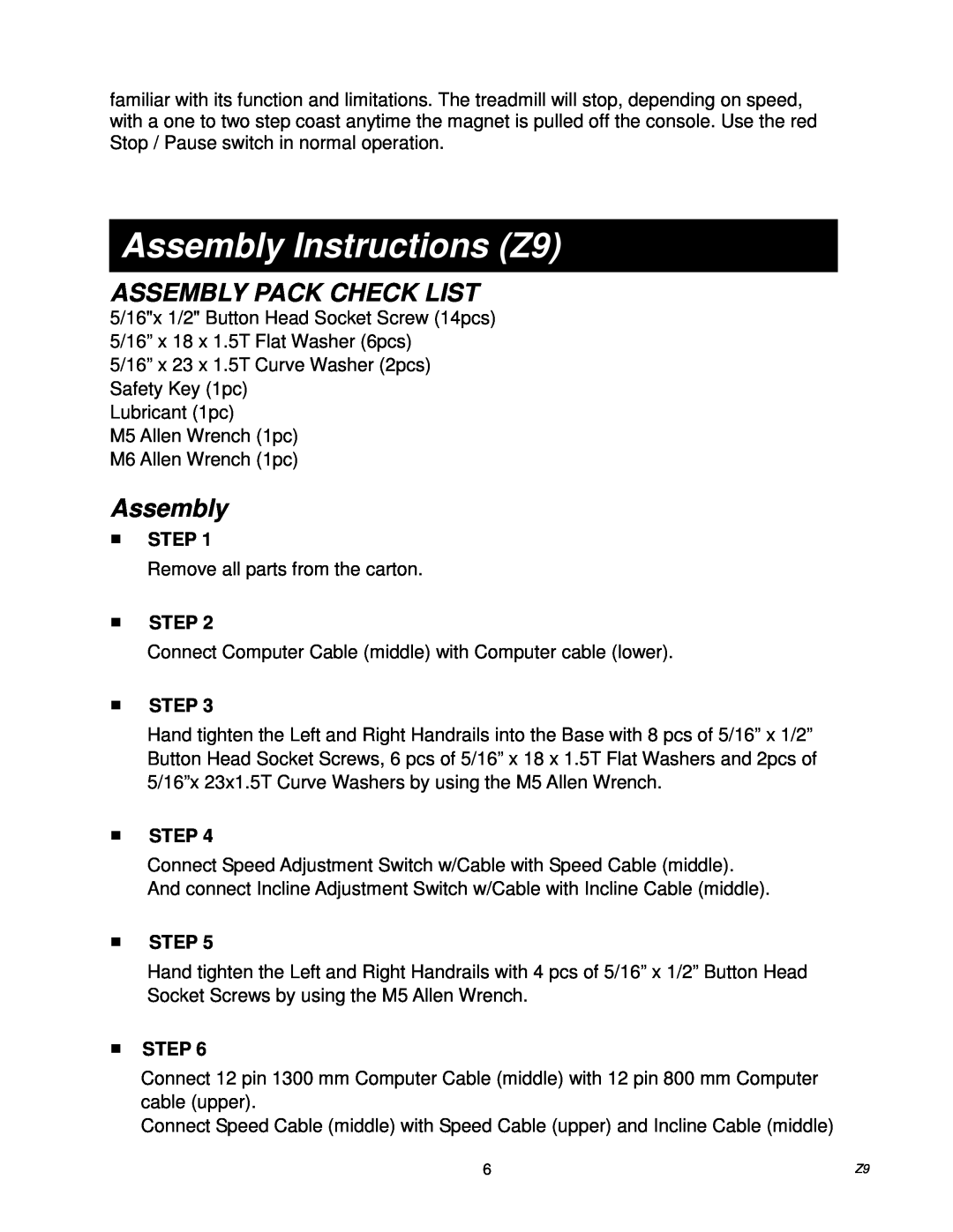 Spirit owner manual Assembly Instructions Z9, Assembly Pack Check List 
