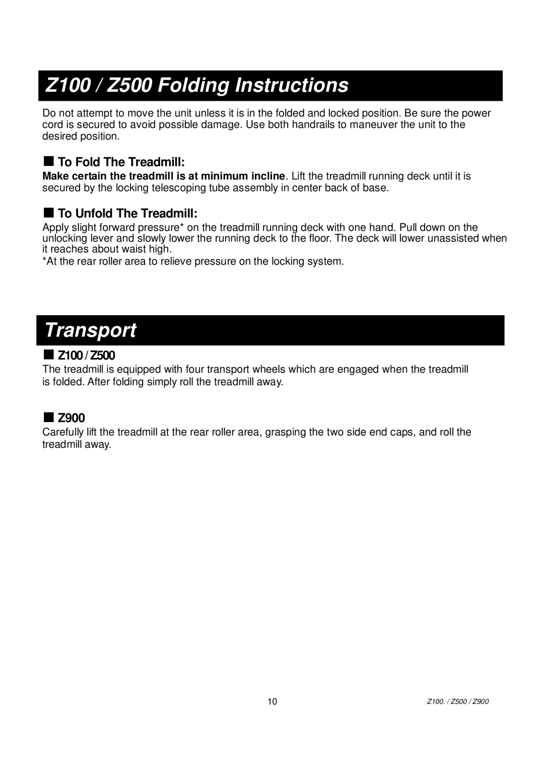 Spirit Z900 owner manual Z100 / Z500 Folding Instructions, Transport 