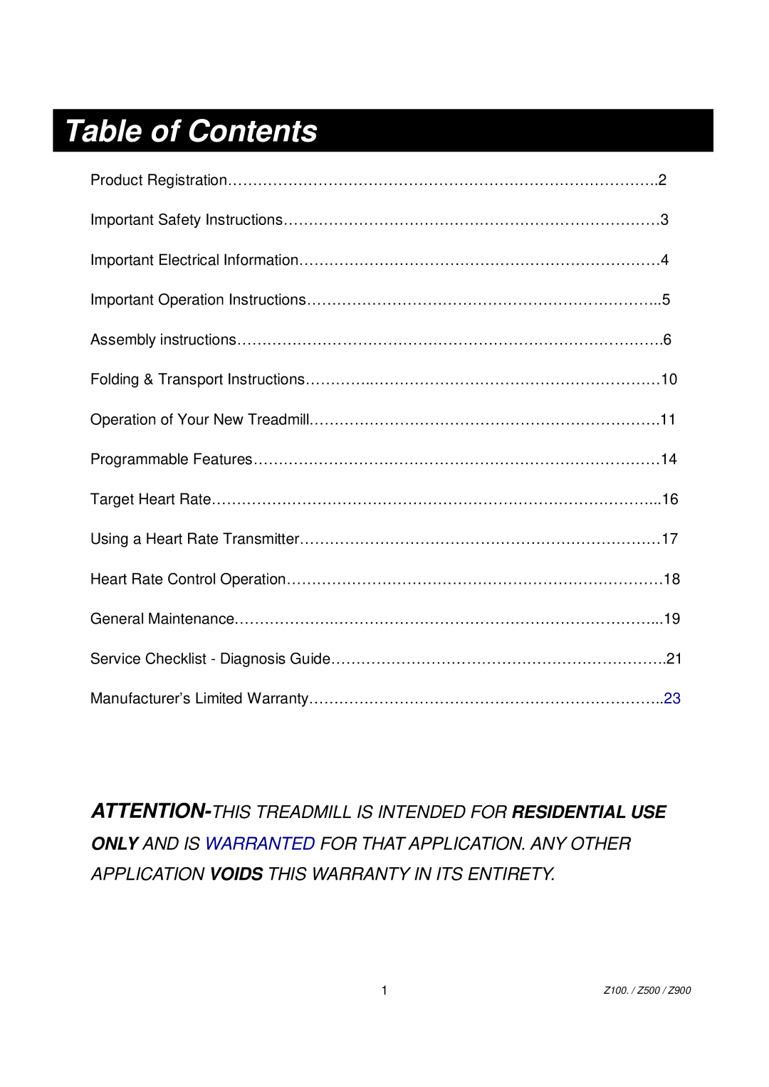 Spirit Z900 owner manual Table of Contents 