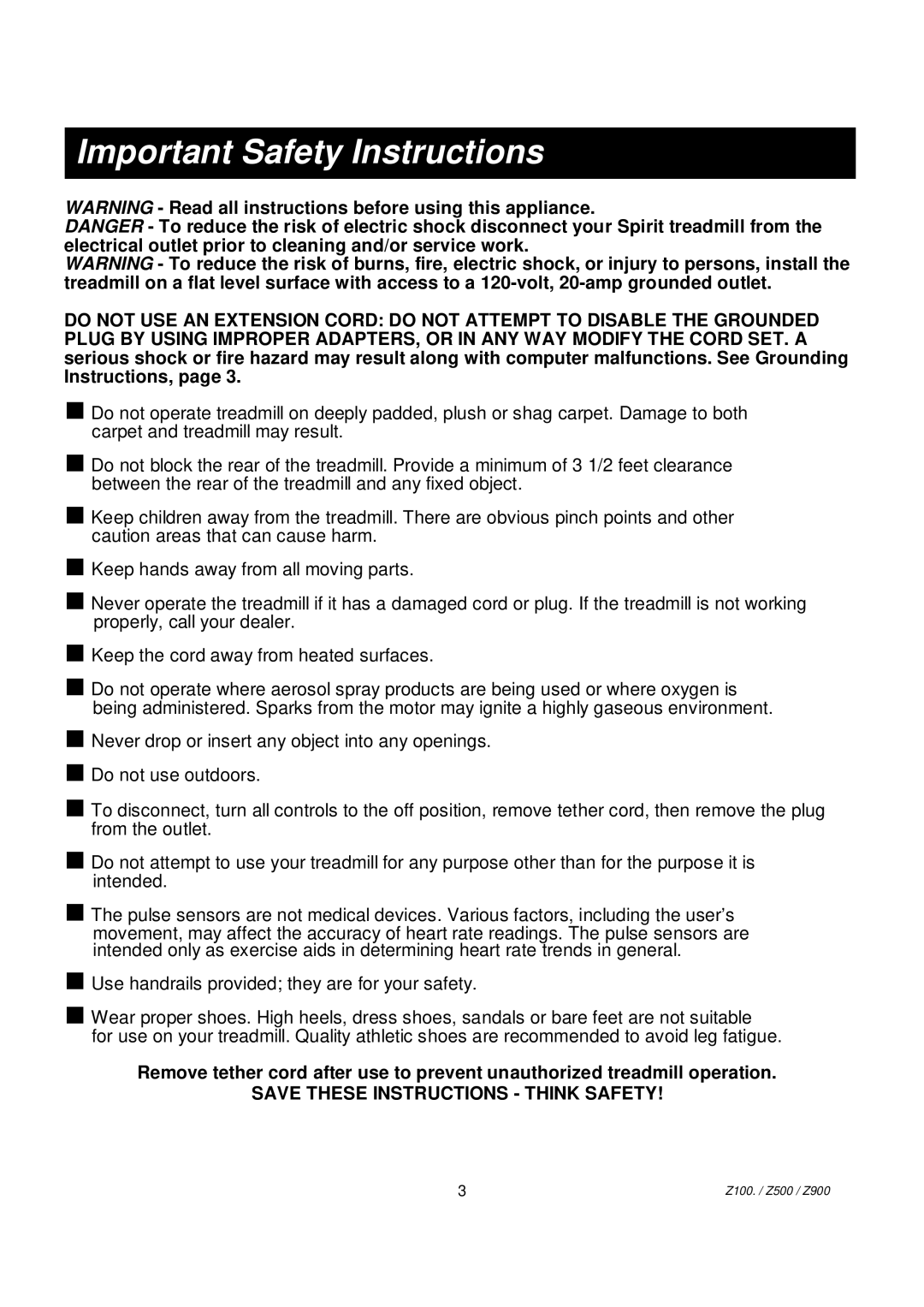 Spirit Z900 owner manual Important Safety Instructions 