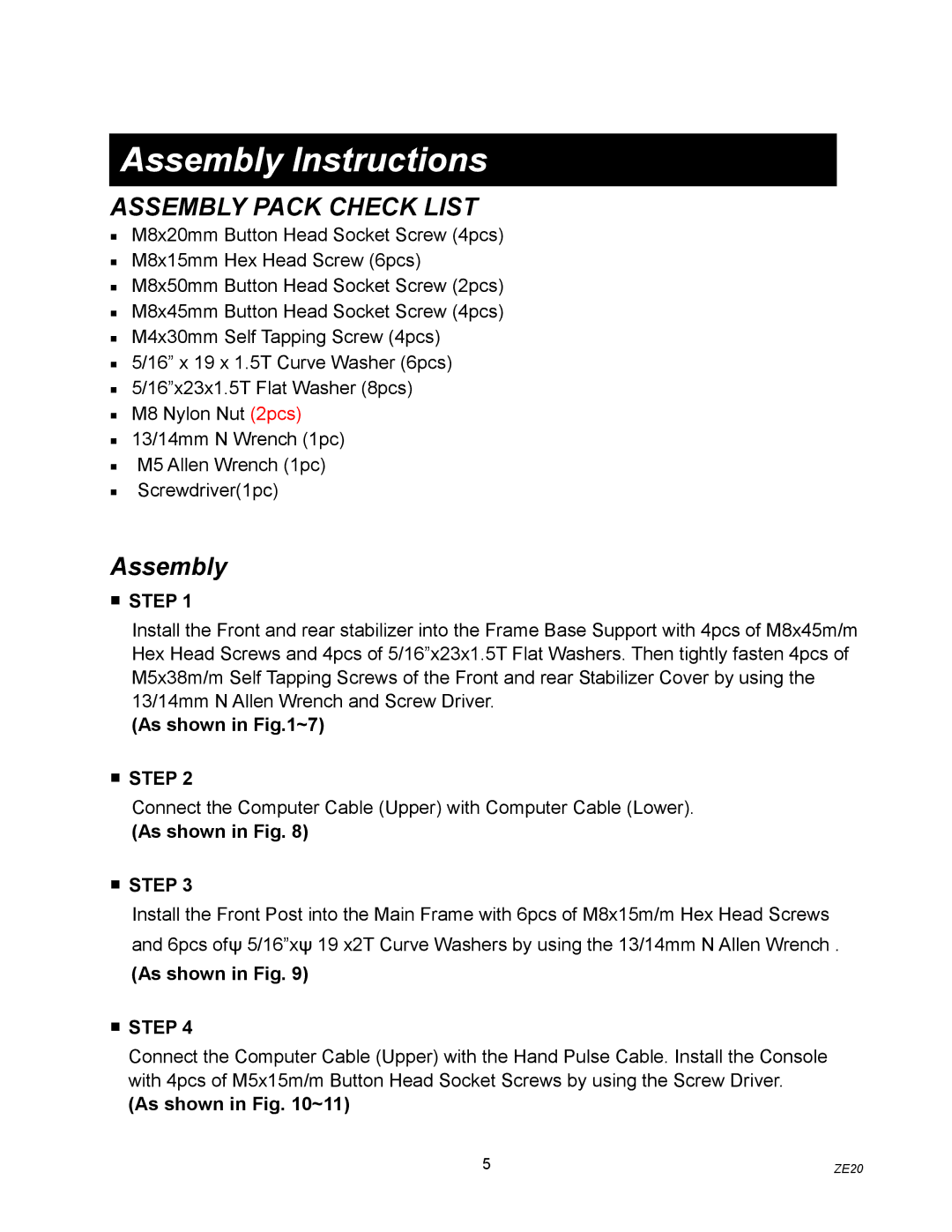 Spirit ZE20 owner manual Assembly Instructions, Assembly Pack Check List 