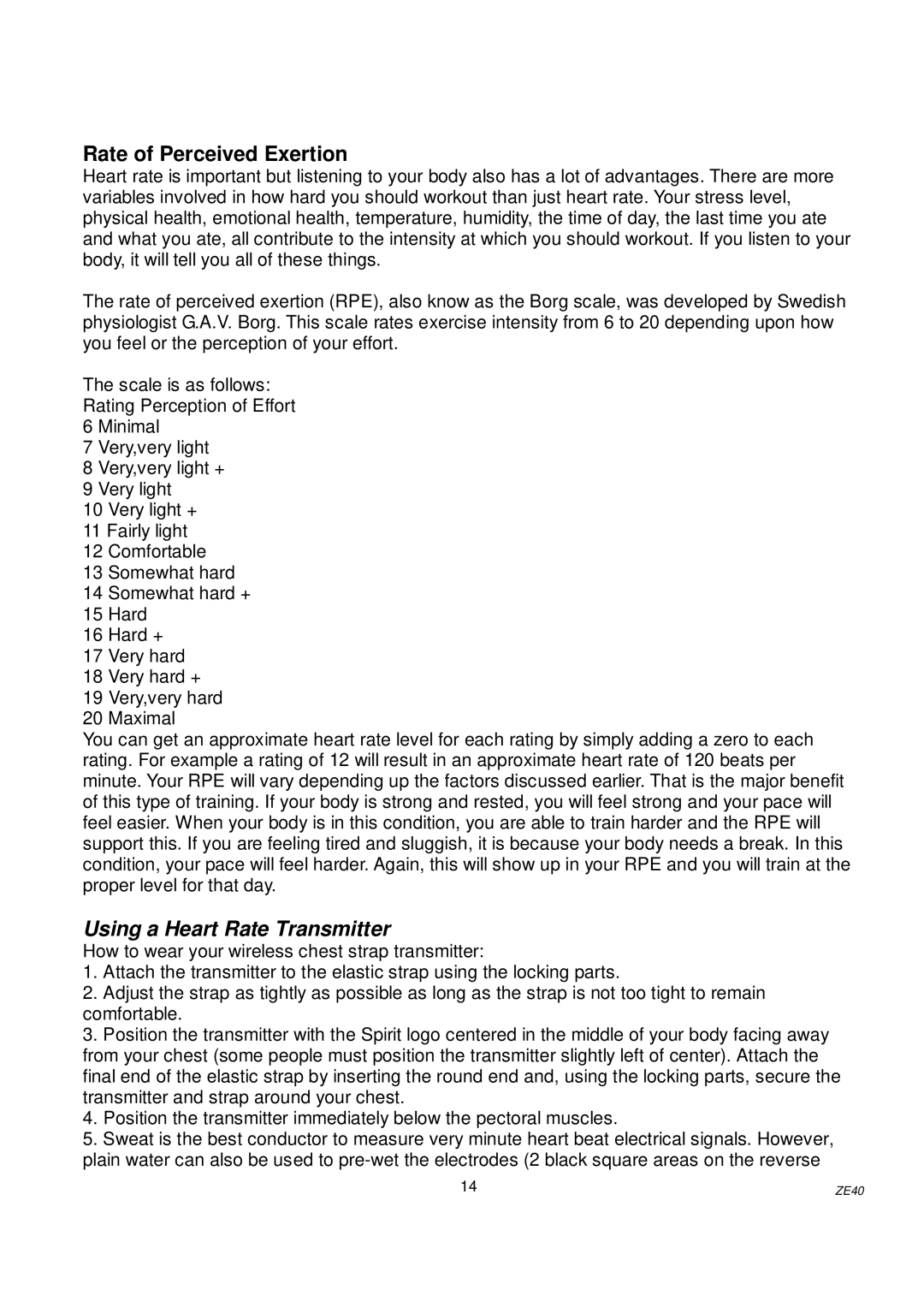 Spirit ZE40 owner manual Rate of Perceived Exertion, Using a Heart Rate Transmitter 