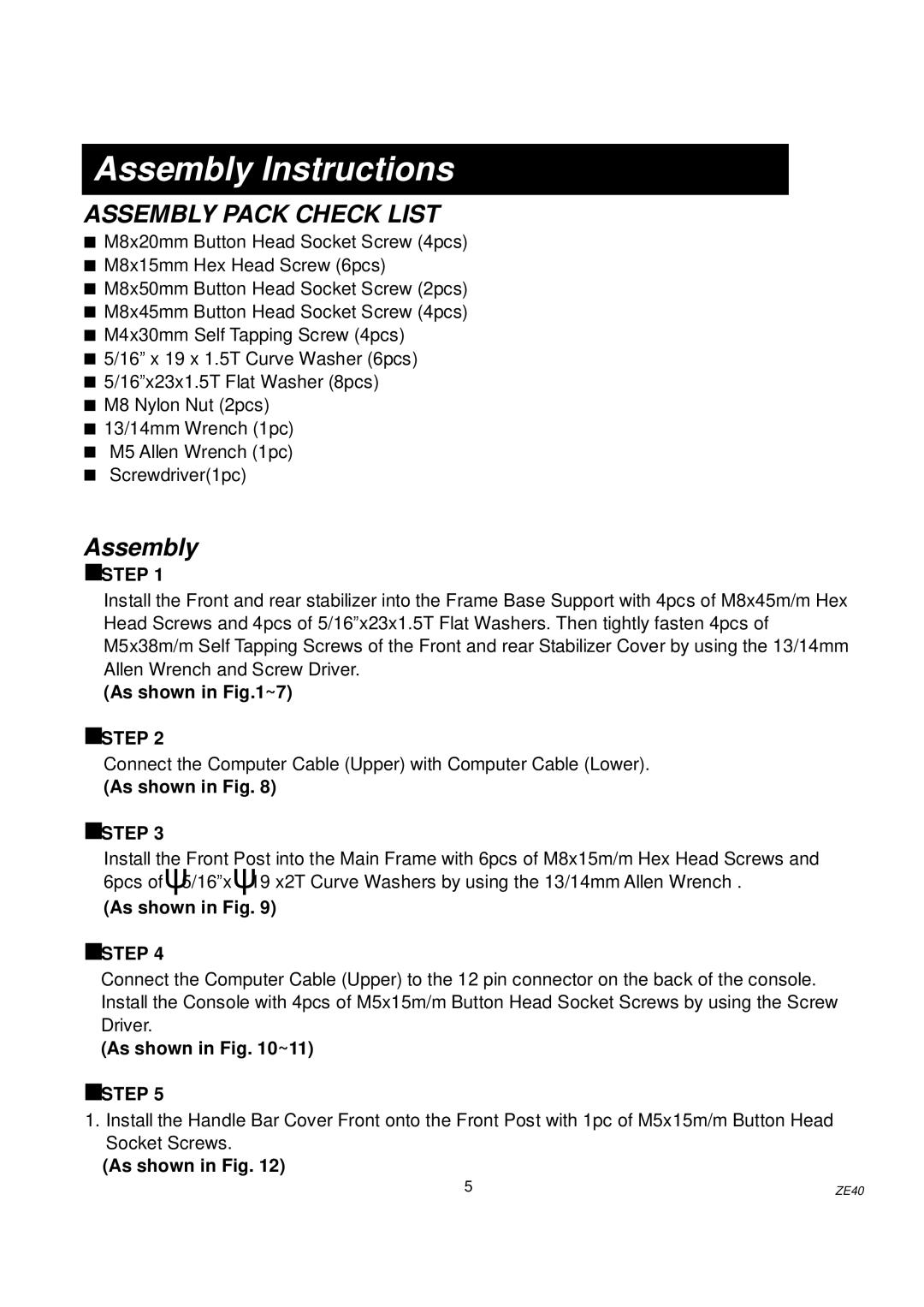 Spirit ZE40 owner manual Assembly Instructions, Assembly Pack Check List 