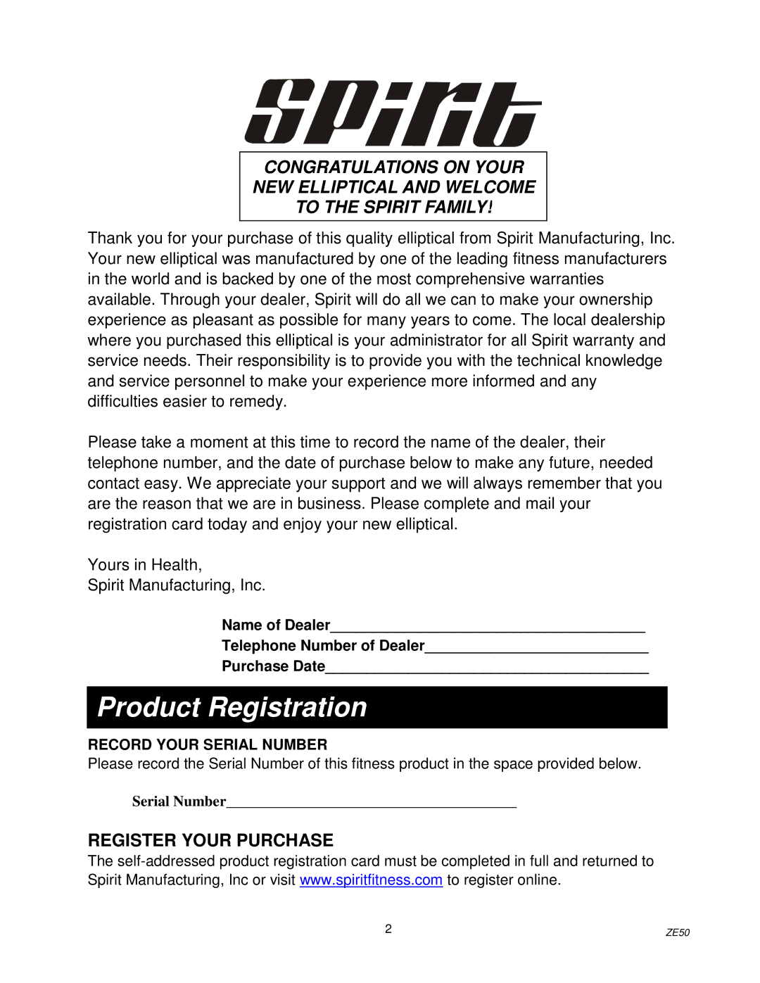 Spirit ZE501 owner manual Product Registration, Record Your Serial Number 