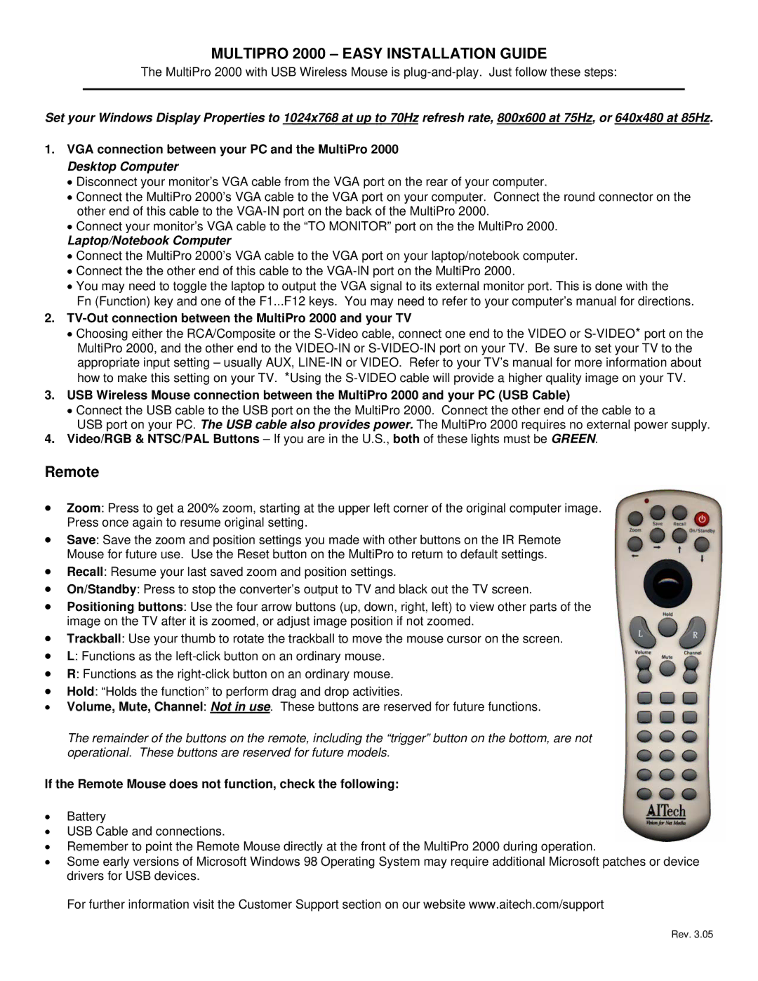Splendide manual Multipro 2000 Easy Installation Guide, Remote, Laptop/Notebook Computer 