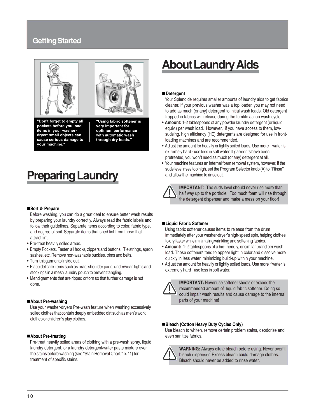 Splendide 6200 installation instructions Preparing Laundry, About Laundry Aids 