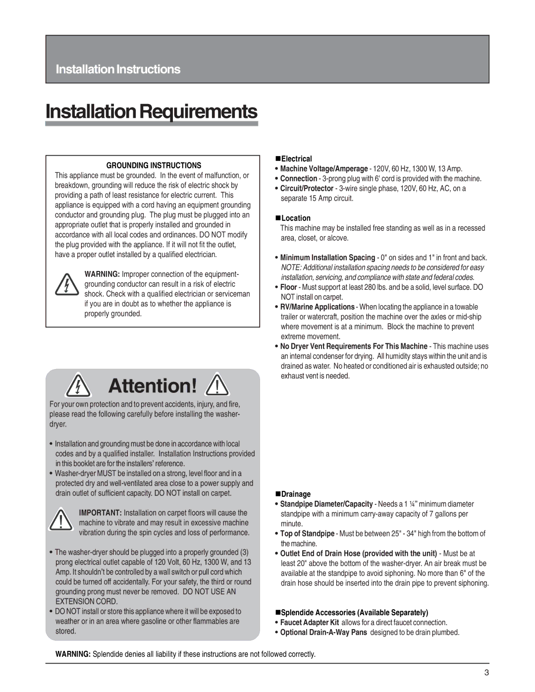 Splendide 6200 Installation Requirements, NElectrical, NLocation, NDrainage, NSplendide Accessories Available Separately 