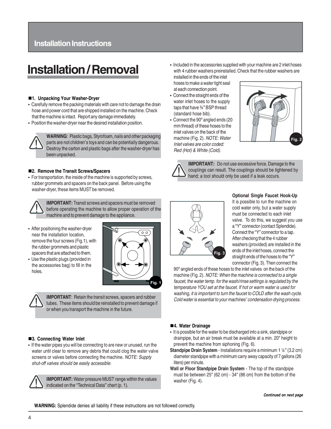 Splendide 6200 Installation / Removal, N1. Unpacking Your Washer-Dryer, N2. Remove the Transit Screws/Spacers 