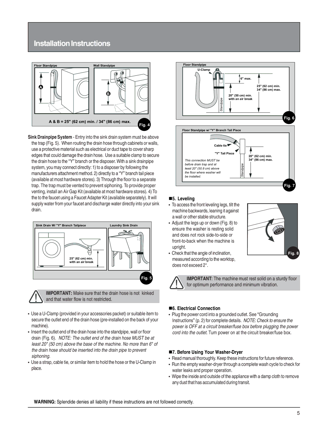 Splendide 6200 installation instructions N5. Leveling, N6. Electrical Connection, N7. Before Using Your Washer-Dryer 